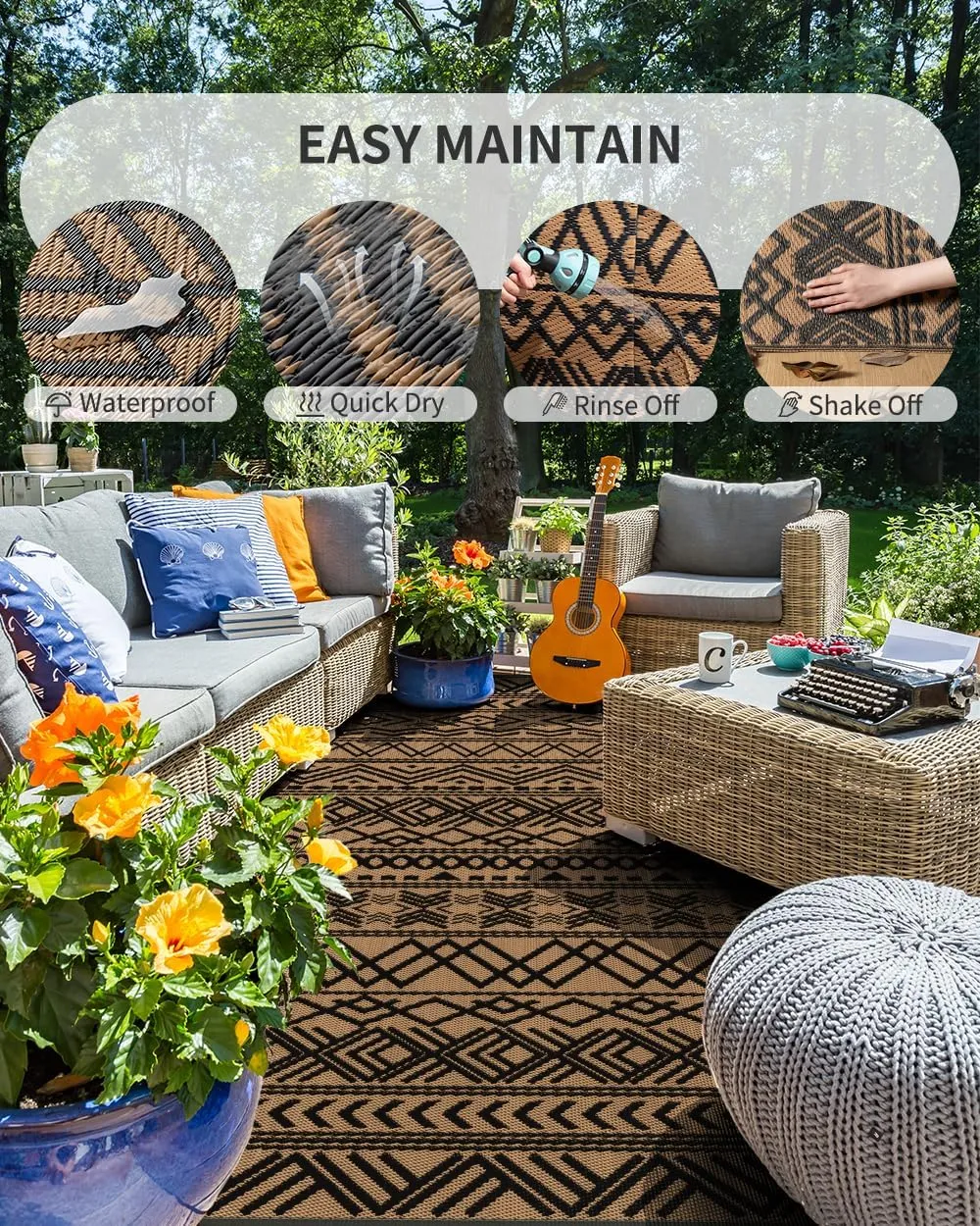 MontVoo-Outdoor Rug Carpet Waterproof 5x8 ft Reversible Patio Rug RV Camping Rug-Plastic Straw Rug Outside Indoor Outdoor Area Rug for Patio Deck Balcony Picnic Beach Outdoor Decor Boho Black Brown