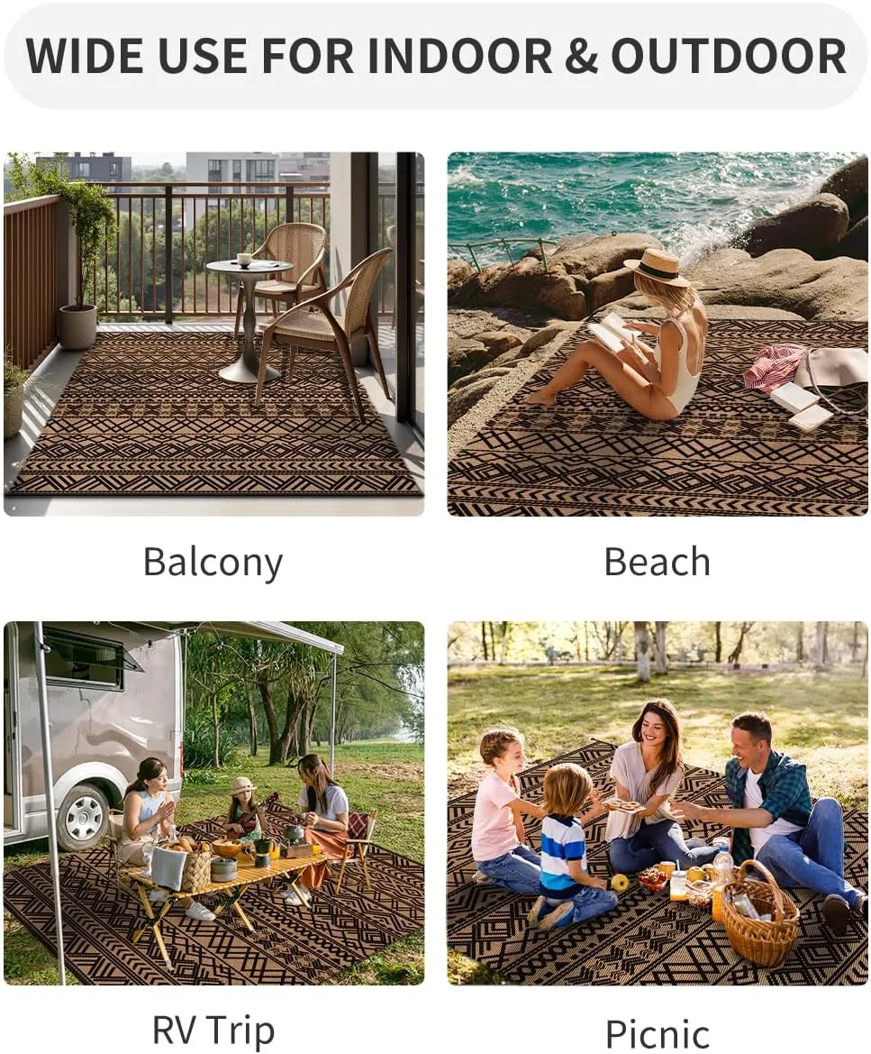 MontVoo-Outdoor Rug Carpet Waterproof 5x8 ft Reversible Patio Rug RV Camping Rug-Plastic Straw Rug Outside Indoor Outdoor Area Rug for Patio Deck Balcony Picnic Beach Outdoor Decor Boho Black Brown