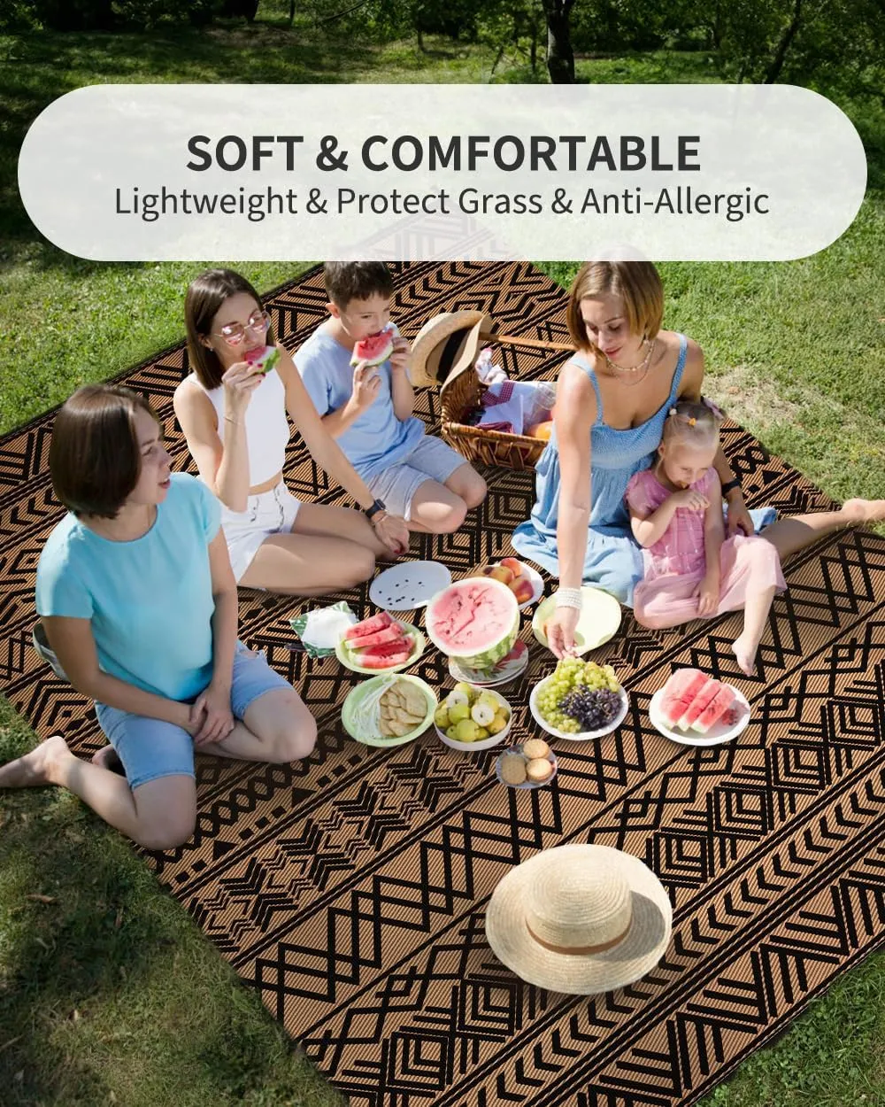 MontVoo-Outdoor Rug Carpet Waterproof 5x8 ft Reversible Patio Rug RV Camping Rug-Plastic Straw Rug Outside Indoor Outdoor Area Rug for Patio Deck Balcony Picnic Beach Outdoor Decor Boho Black Brown
