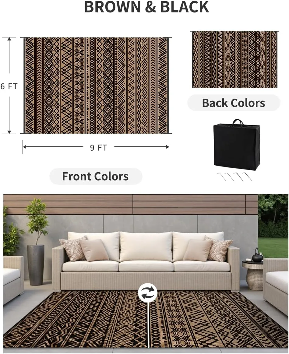 MontVoo-Outdoor Rug Carpet Waterproof 5x8 ft Reversible Patio Rug RV Camping Rug-Plastic Straw Rug Outside Indoor Outdoor Area Rug for Patio Deck Balcony Picnic Beach Outdoor Decor Boho Black Brown