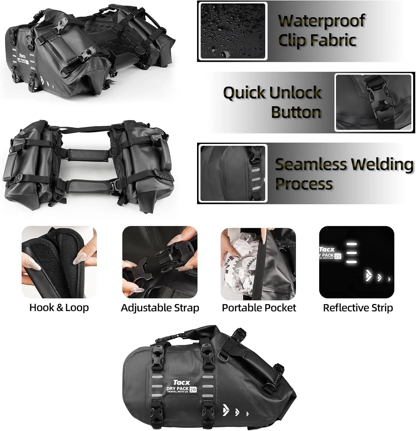 Motorcycle Saddle Bags Tail Bag, 20L Roll-top Waterproof Motor Detachable Side Trunk Bag, Motor Panniers Luggage Bag for Bike Motorcy