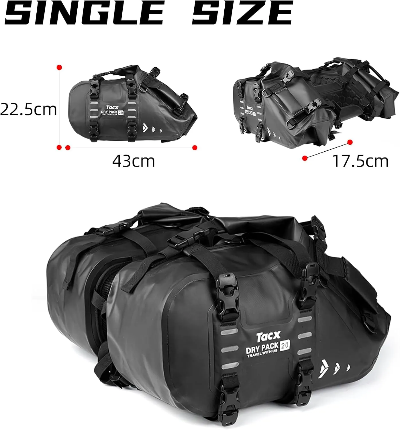 Motorcycle Saddle Bags Tail Bag, 20L Roll-top Waterproof Motor Detachable Side Trunk Bag, Motor Panniers Luggage Bag for Bike Motorcy