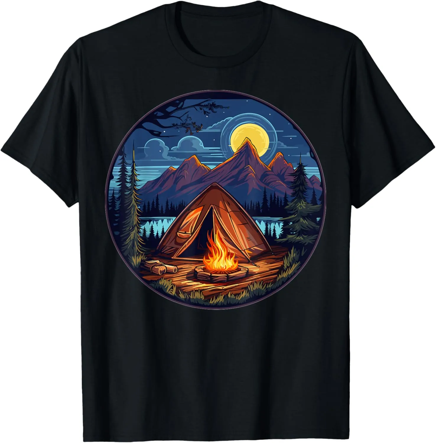 Mountainscape with Tent and Campfire Lakeside Graphic T-Shirt