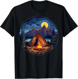 Mountainscape with Tent and Campfire Lakeside Graphic T-Shirt