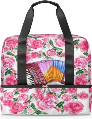 Music Accordion Flower Travel Bag Double Tier Zip Closure Weekender Bag with Leather Handle Waterproof Sports Tote Gym Bag for Swim Beach Gym Yoga