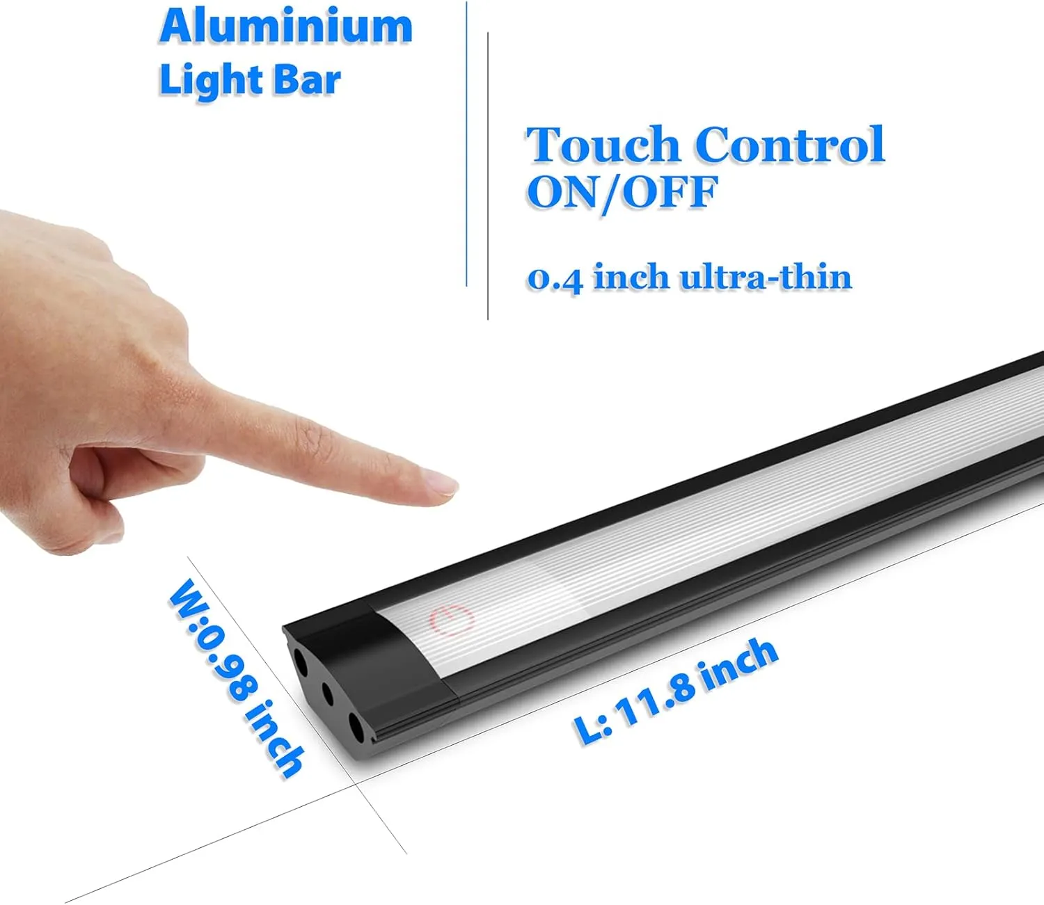 MYPLUS Under Cabinet Lights, 12" Touch Activated and Dimmable Aluminum LED Bar for Kitchen, Workbench and Desk, Warm White 3000K, Plug-in, Black.