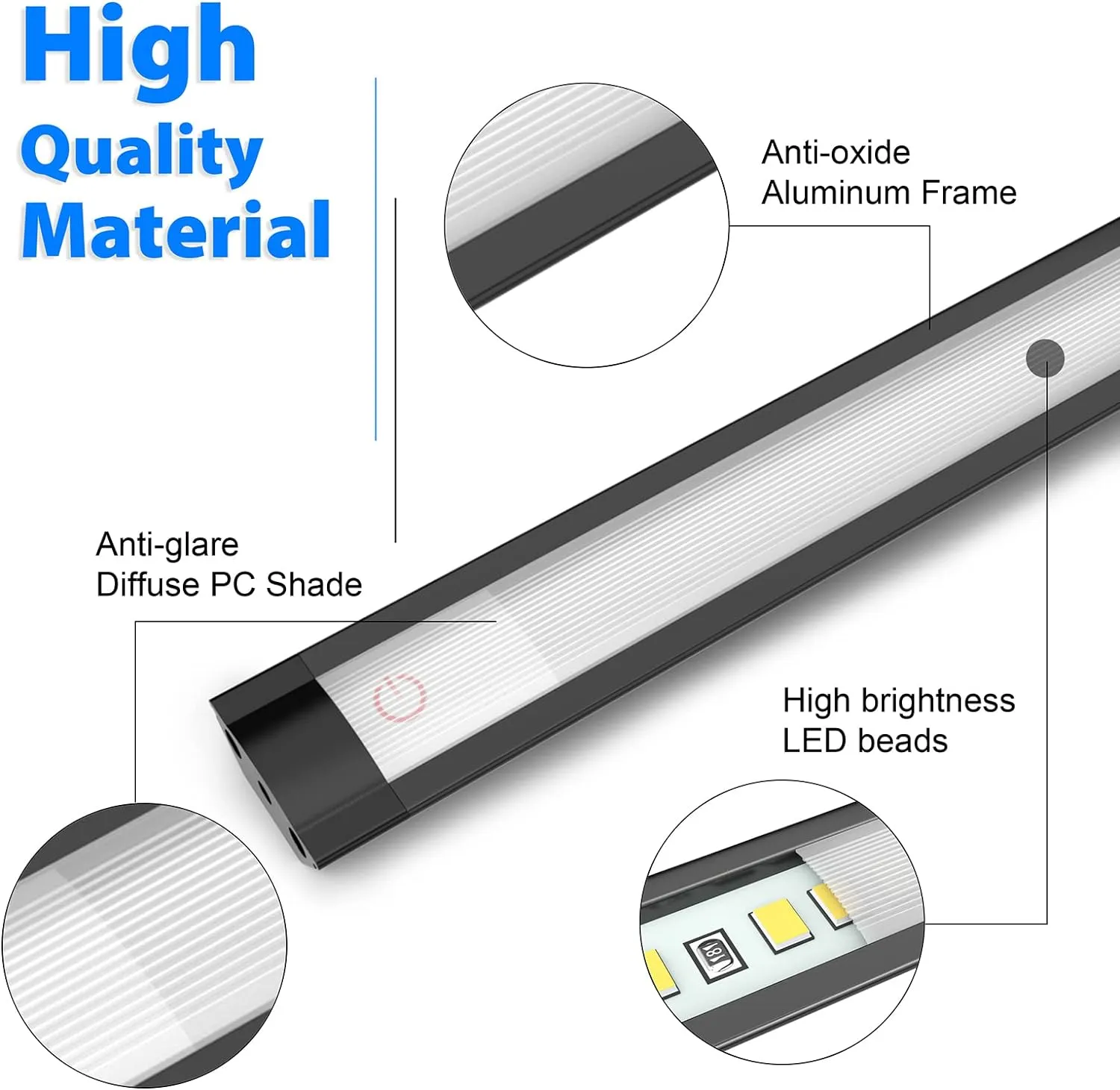 MYPLUS Under Cabinet Lights, 12" Touch Activated and Dimmable Aluminum LED Bar for Kitchen, Workbench and Desk, Warm White 3000K, Plug-in, Black.