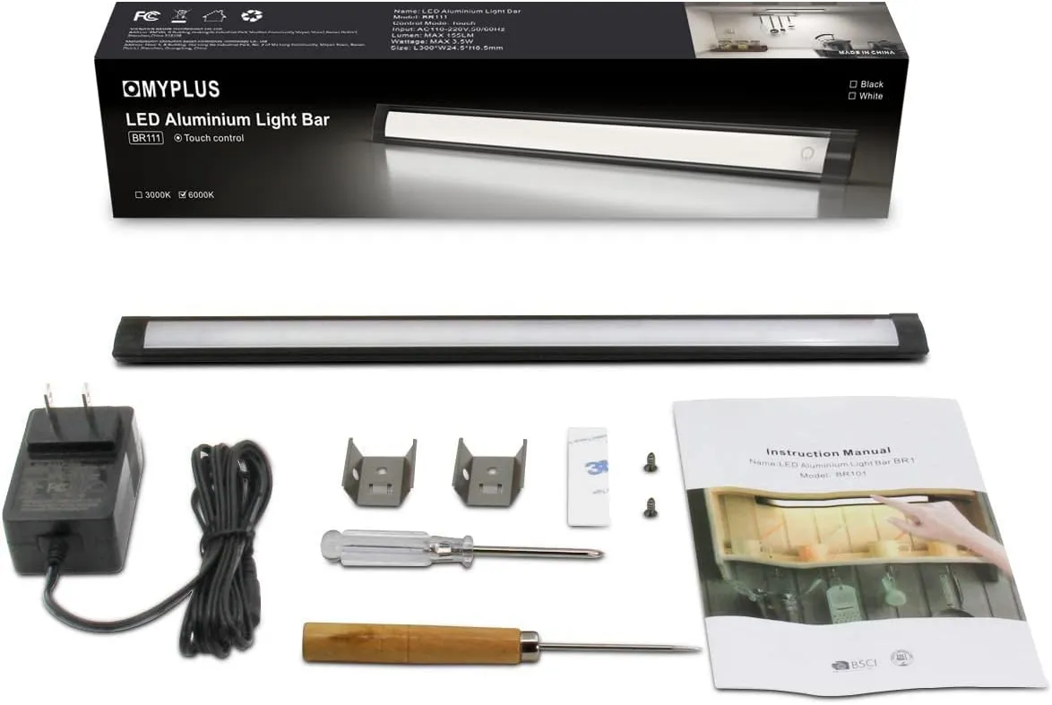 MYPLUS Under Cabinet Lights, 12" Touch Activated and Dimmable Aluminum LED Bar for Kitchen, Workbench and Desk, Warm White 3000K, Plug-in, Black.