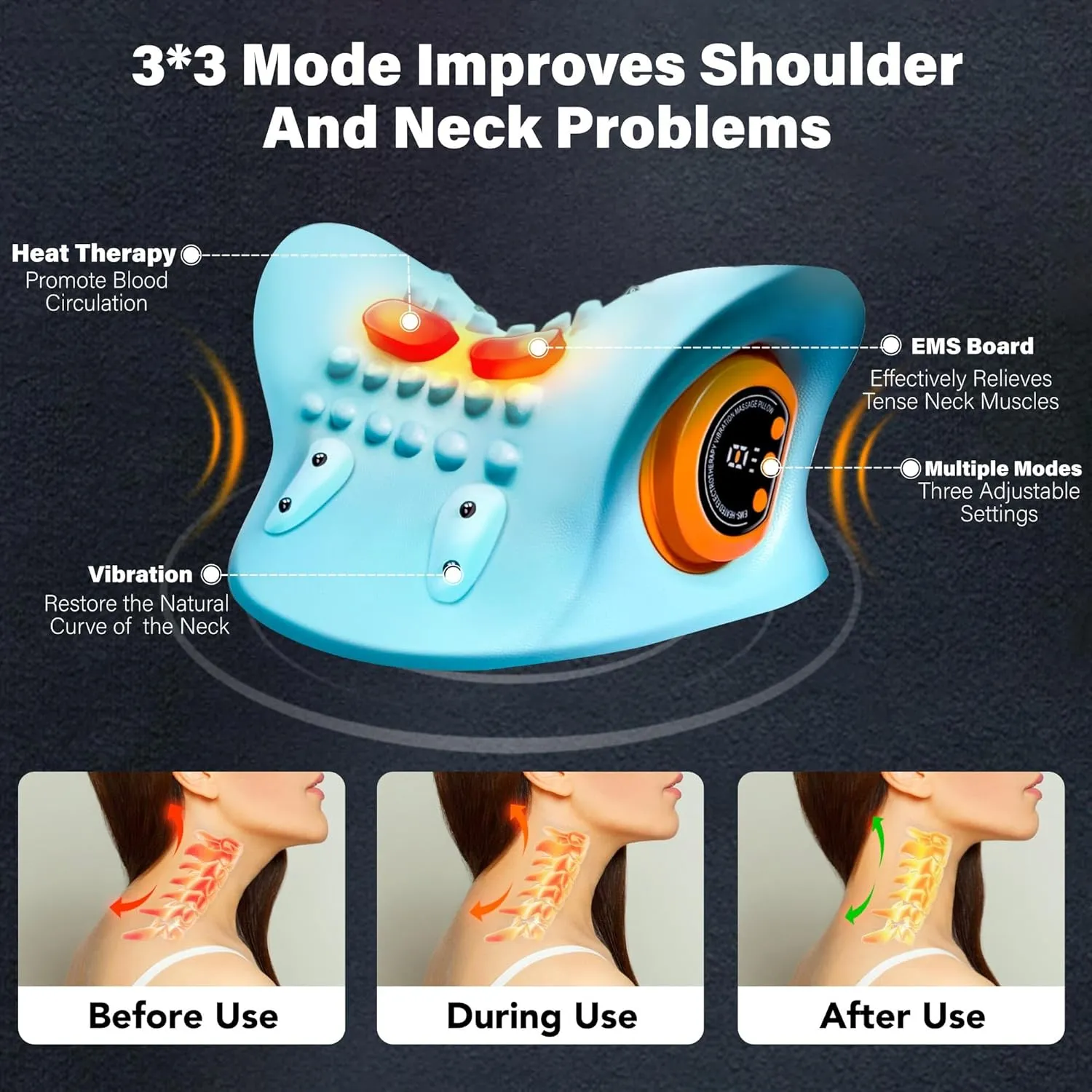Neck Massager Pillow for Deep Tissue Pain Relief, Portable Neck Stretcher with Heat, 3 Adjustable Modes, Ergonomic 26° Shoulder Massager, Blue,Small