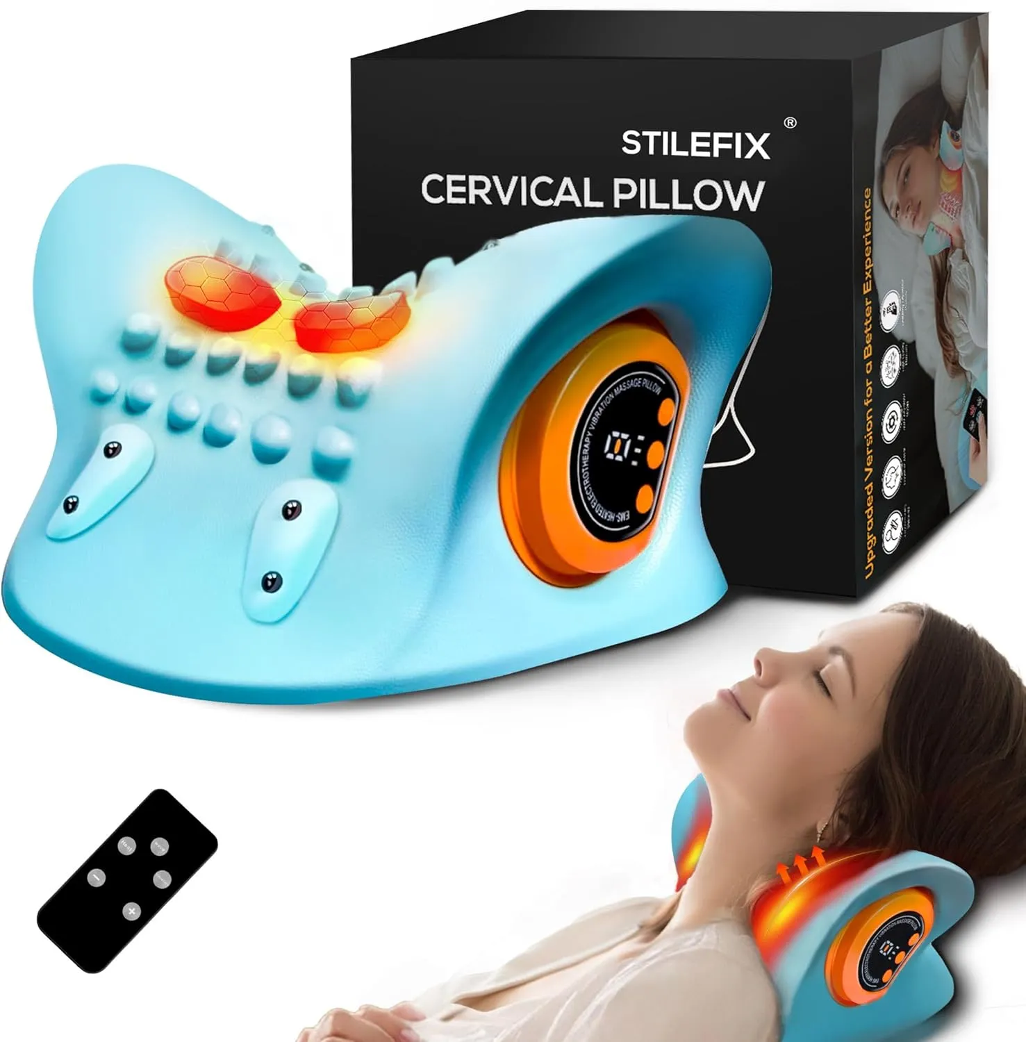 Neck Massager Pillow for Deep Tissue Pain Relief, Portable Neck Stretcher with Heat, 3 Adjustable Modes, Ergonomic 26° Shoulder Massager, Blue,Small