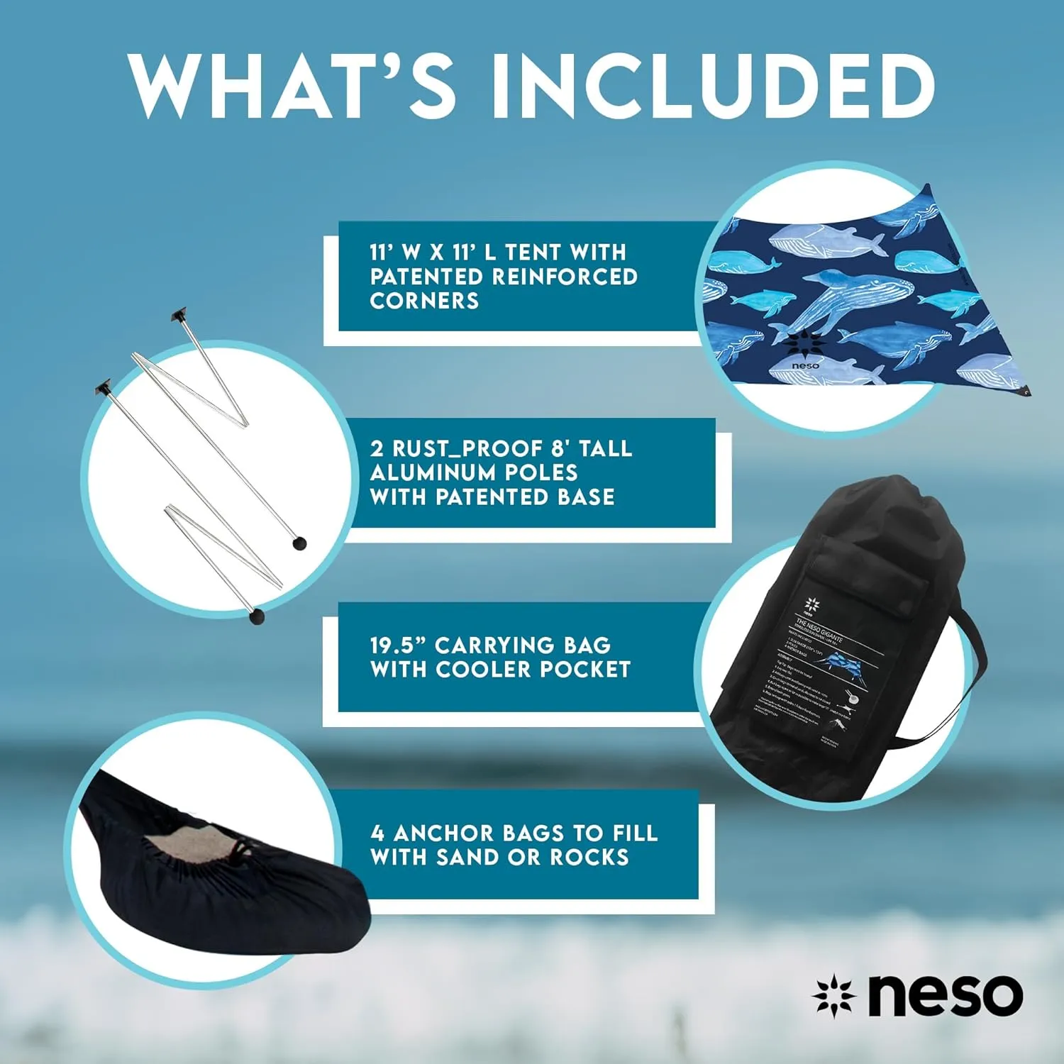 Neso Gigante - Portable Beach Tent - Ideal to Enjoy with Family and Friends - UPF 50 , Water-Resistant, and Lightweight - Save The Whales, 11' x 11'
