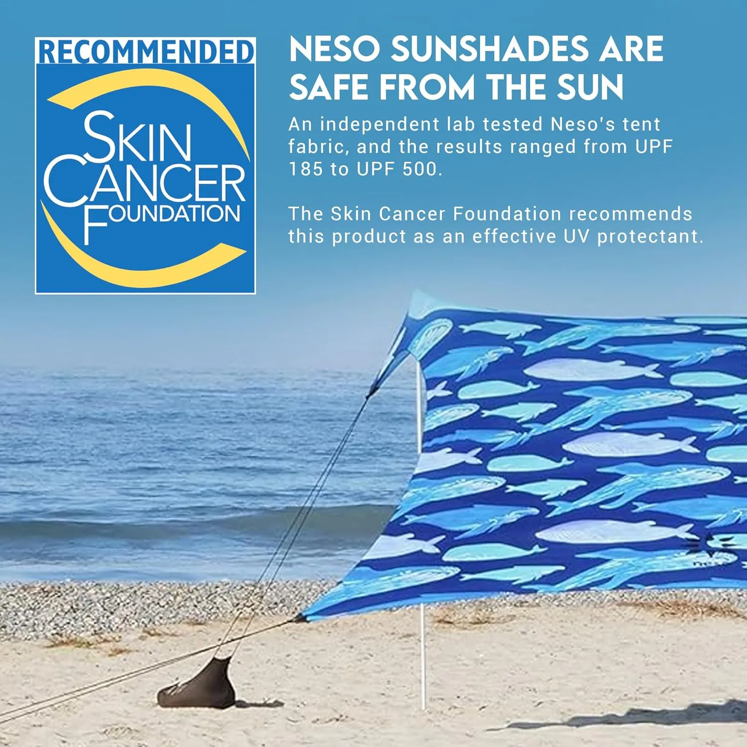Neso Gigante - Portable Beach Tent - Ideal to Enjoy with Family and Friends - UPF 50 , Water-Resistant, and Lightweight - Save The Whales, 11' x 11'