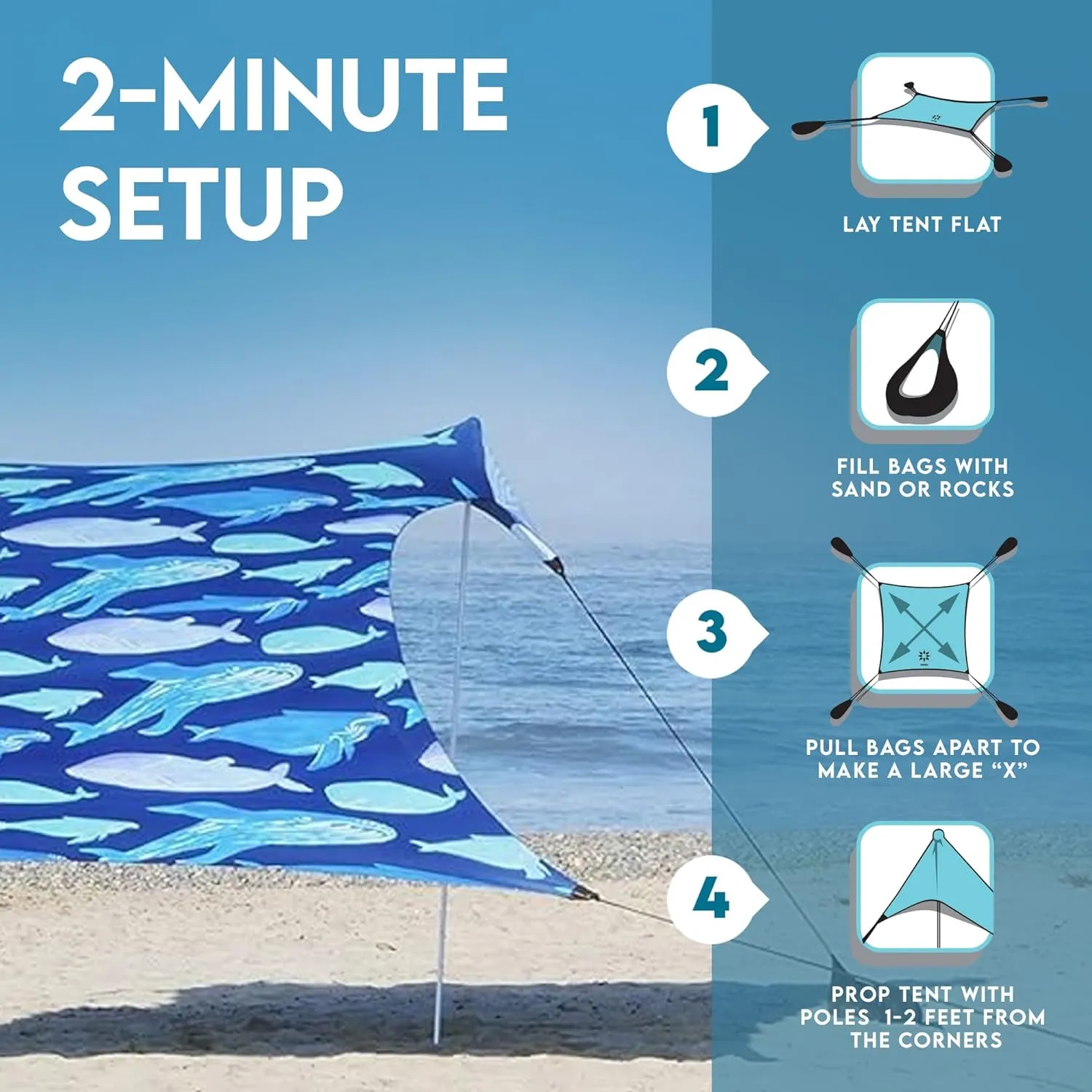 Neso Gigante - Portable Beach Tent - Ideal to Enjoy with Family and Friends - UPF 50 , Water-Resistant, and Lightweight - Save The Whales, 11' x 11'