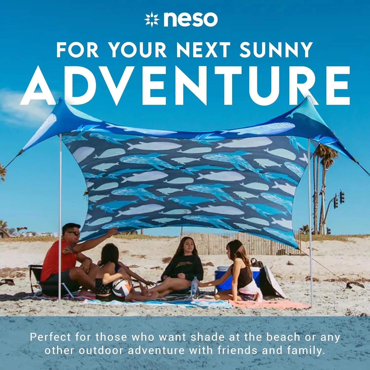 Neso Gigante - Portable Beach Tent - Ideal to Enjoy with Family and Friends - UPF 50 , Water-Resistant, and Lightweight - Save The Whales, 11' x 11'