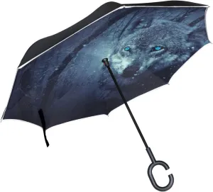 Night Wolf Eye Reverse Inverted Inside Out Umbrella Cars Unigue Windproof UV Proof Double Layer for Women