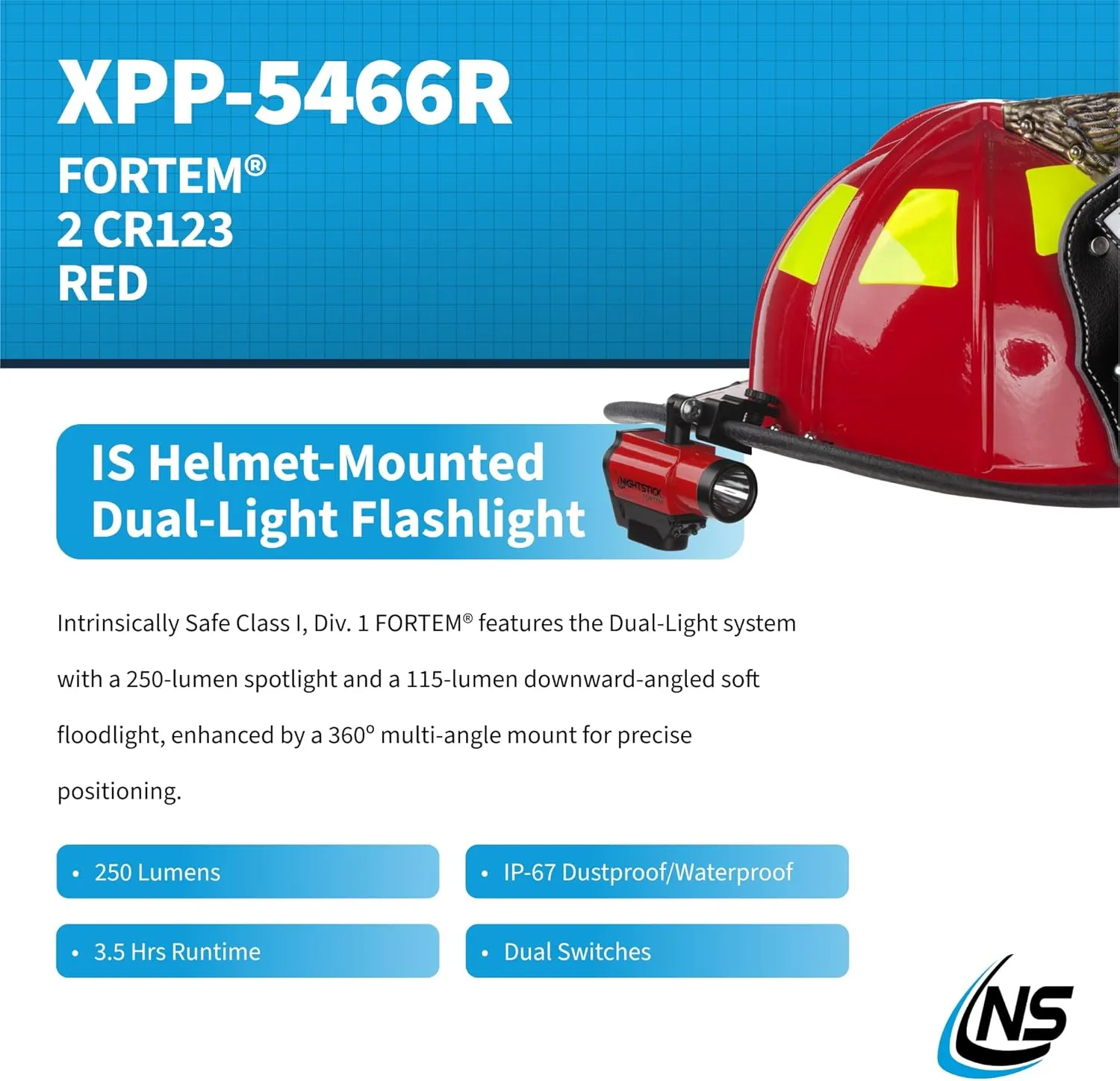 Nightstick XPP-5466R FORTEM Intrinsically Safe Helmet-Mounted Dual-Light Flashlight, Red