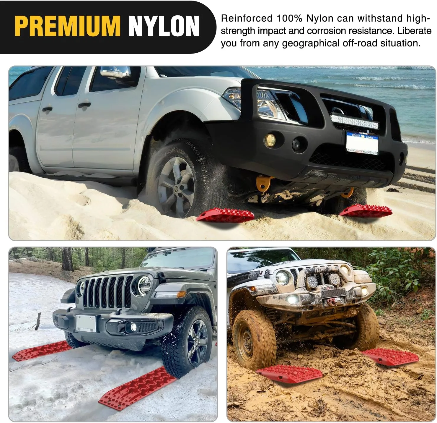Nilight Recovery Off-road Traction Boards Emergency Tire Mats For 4WD 4X4 Mud Sand Snow with 2PCS Mounting kit Zipper Bag 2 leashes (Red)