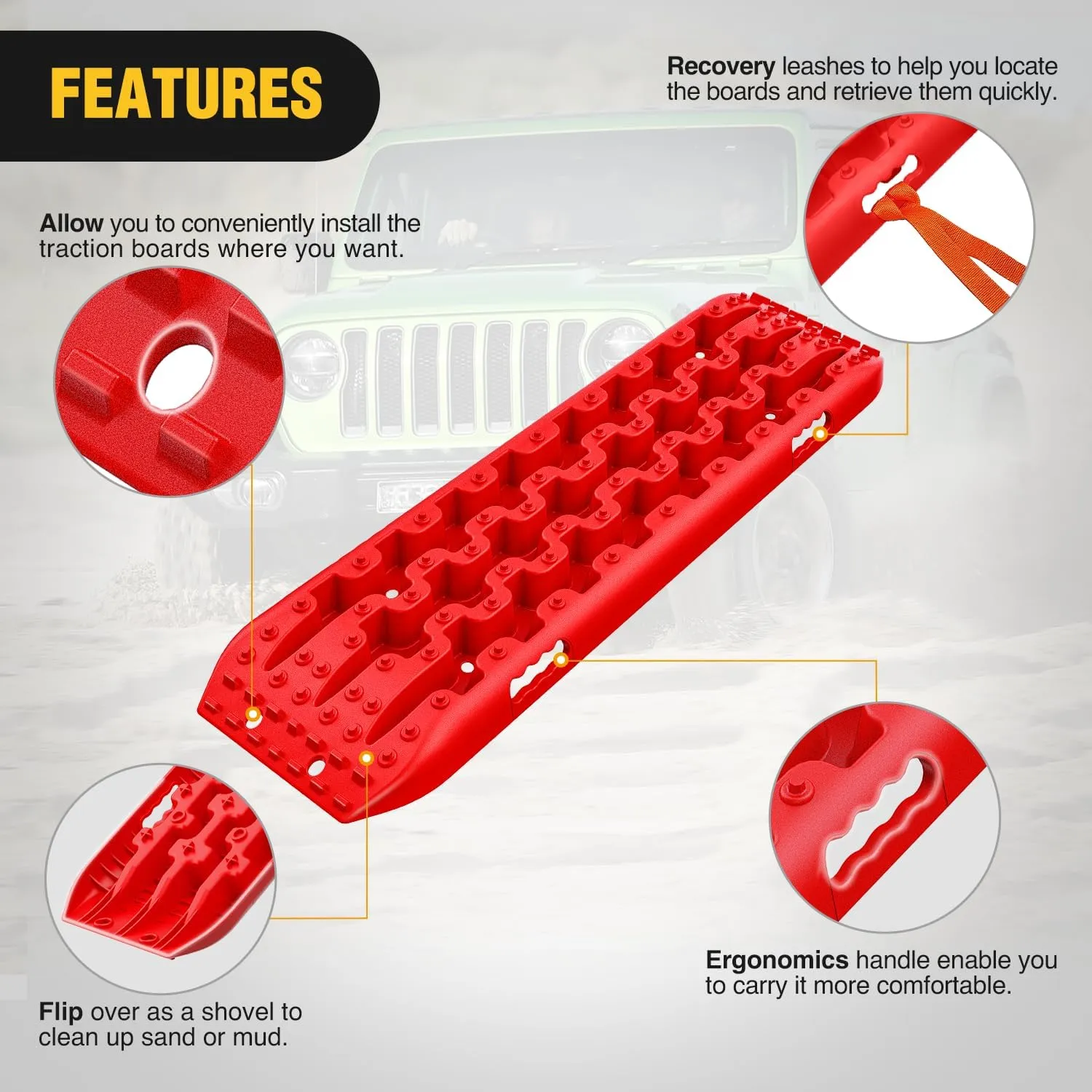 Nilight Recovery Off-road Traction Boards Emergency Tire Mats For 4WD 4X4 Mud Sand Snow with 2PCS Mounting kit Zipper Bag 2 leashes (Red)