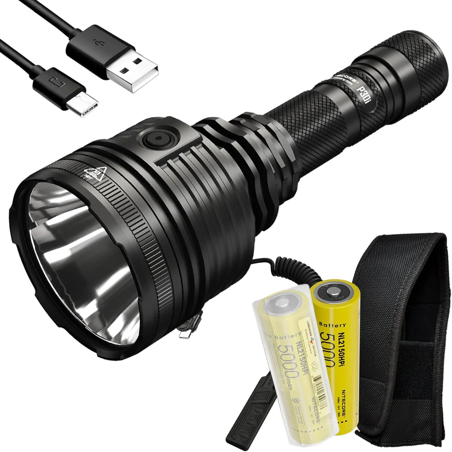 Nitecore Bundle P30i NL2150HPi (P30i) 2000 Lumen 1093 Yards Ultra Long Throw Flashlight, USB-C Rechargeable with Two NL2150HPI and LumenTac Organizer