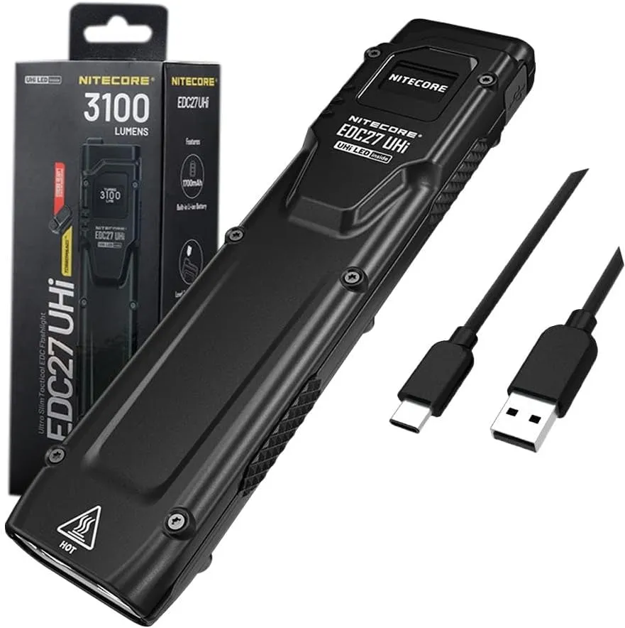 Nitecore EDC27 UHi Ultra Slim EDC Flashlight -3100 Lumens w/Eco-Sensa USB-C Charging Cable Included
