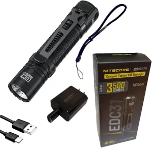 Nitecore EDC31 3500 Lumen USB Rechargeable LED Tactical EDC Flashlight with EdisonBright USB-C Charging Adapter