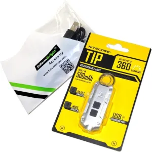 Nitecore TIP 360 lumen USB rechargeable keychain flashlight Silver color body with EdisonBright brand USB charging cable