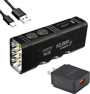 Nitecore TM12K High Lumen Flashlight, 12,000 Lumen LED USB-C Rechargeable with Digital Display and Lumentac Charger Adapter