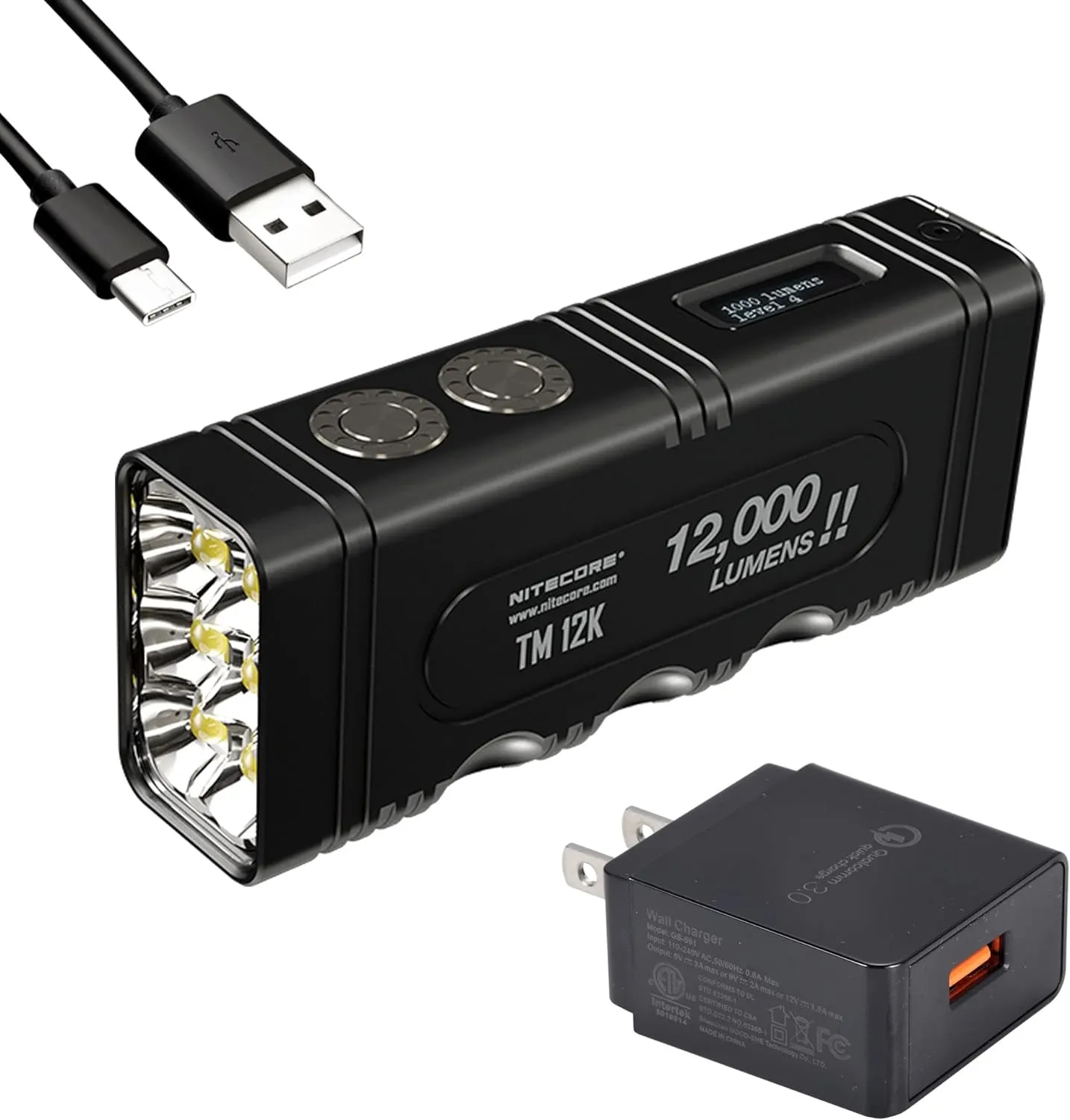 Nitecore TM12K High Lumen Flashlight, 12,000 Lumen LED USB-C Rechargeable with Digital Display and Lumentac Charger Adapter