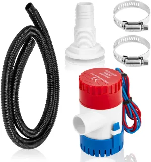 Non-automatic 0.98 Inch Bilge Pump kit for Boats, 12V 500GPH Bilge Pumps with 6 Ft/1.8 Meters Hose, 2 Pcs Stainless Steel Clamps and Thru Hull Fitting, Suitable for Speedboats Yachts