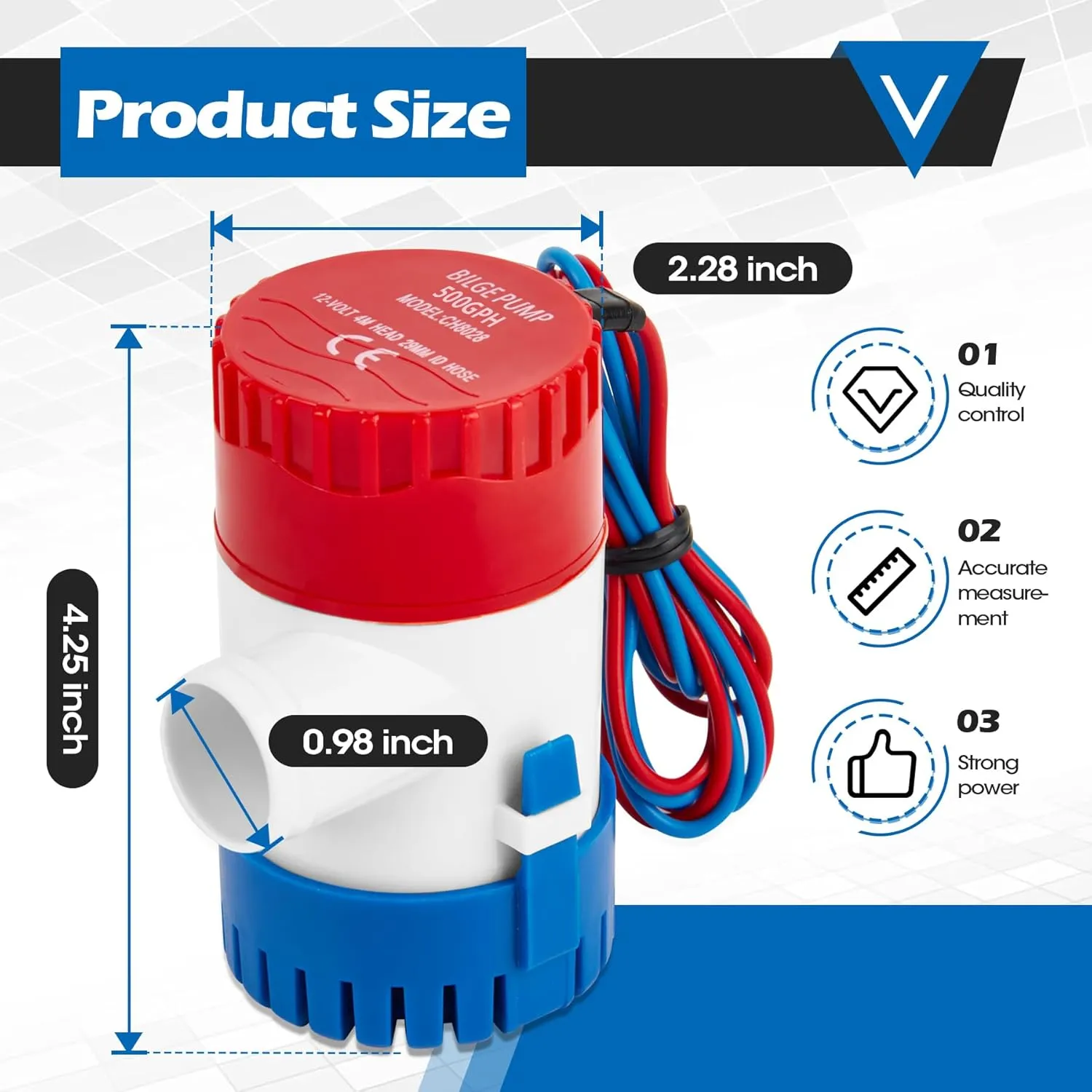 Non-automatic 0.98 Inch Bilge Pump kit for Boats, 12V 500GPH Bilge Pumps with 6 Ft/1.8 Meters Hose, 2 Pcs Stainless Steel Clamps and Thru Hull Fitting, Suitable for Speedboats Yachts