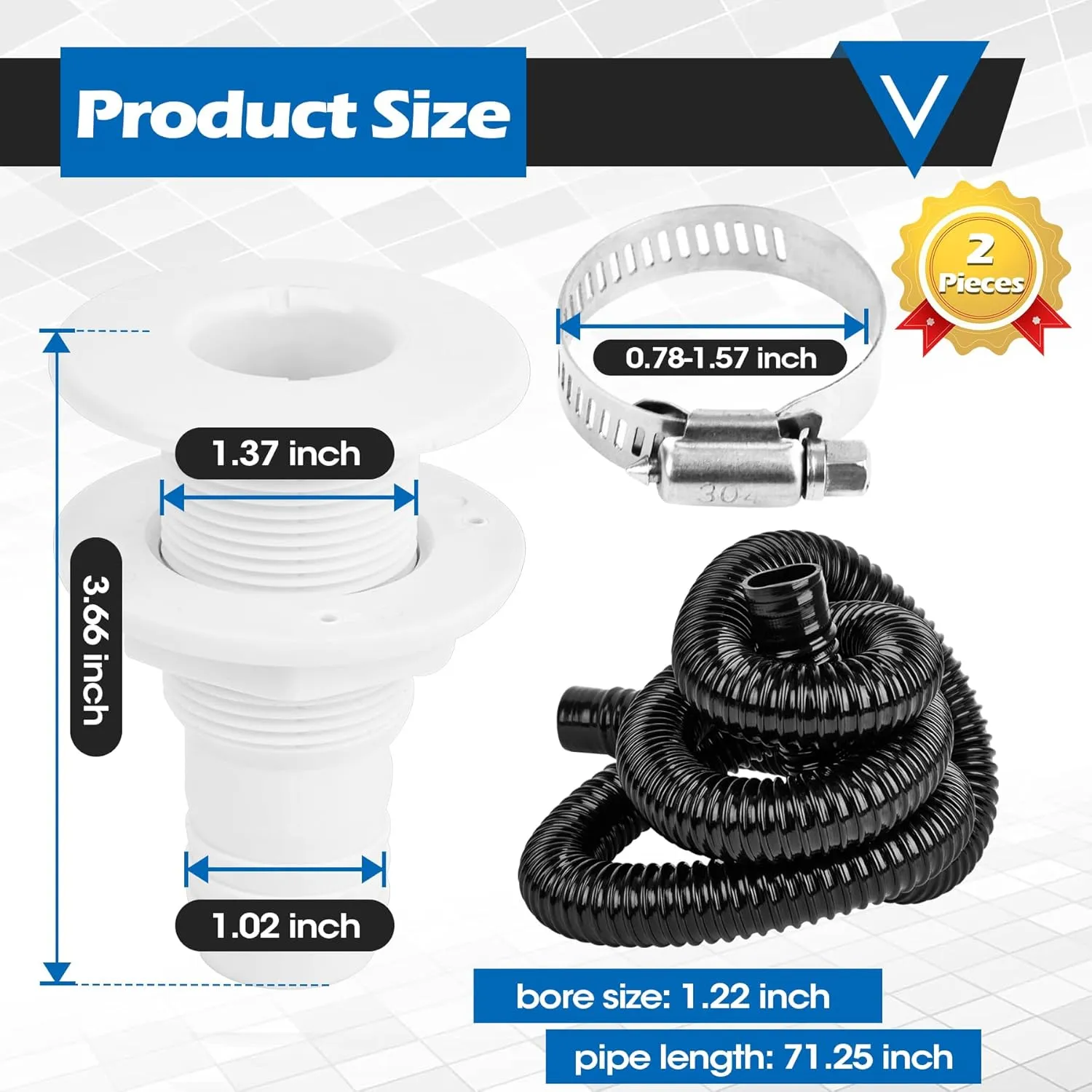 Non-automatic 0.98 Inch Bilge Pump kit for Boats, 12V 500GPH Bilge Pumps with 6 Ft/1.8 Meters Hose, 2 Pcs Stainless Steel Clamps and Thru Hull Fitting, Suitable for Speedboats Yachts