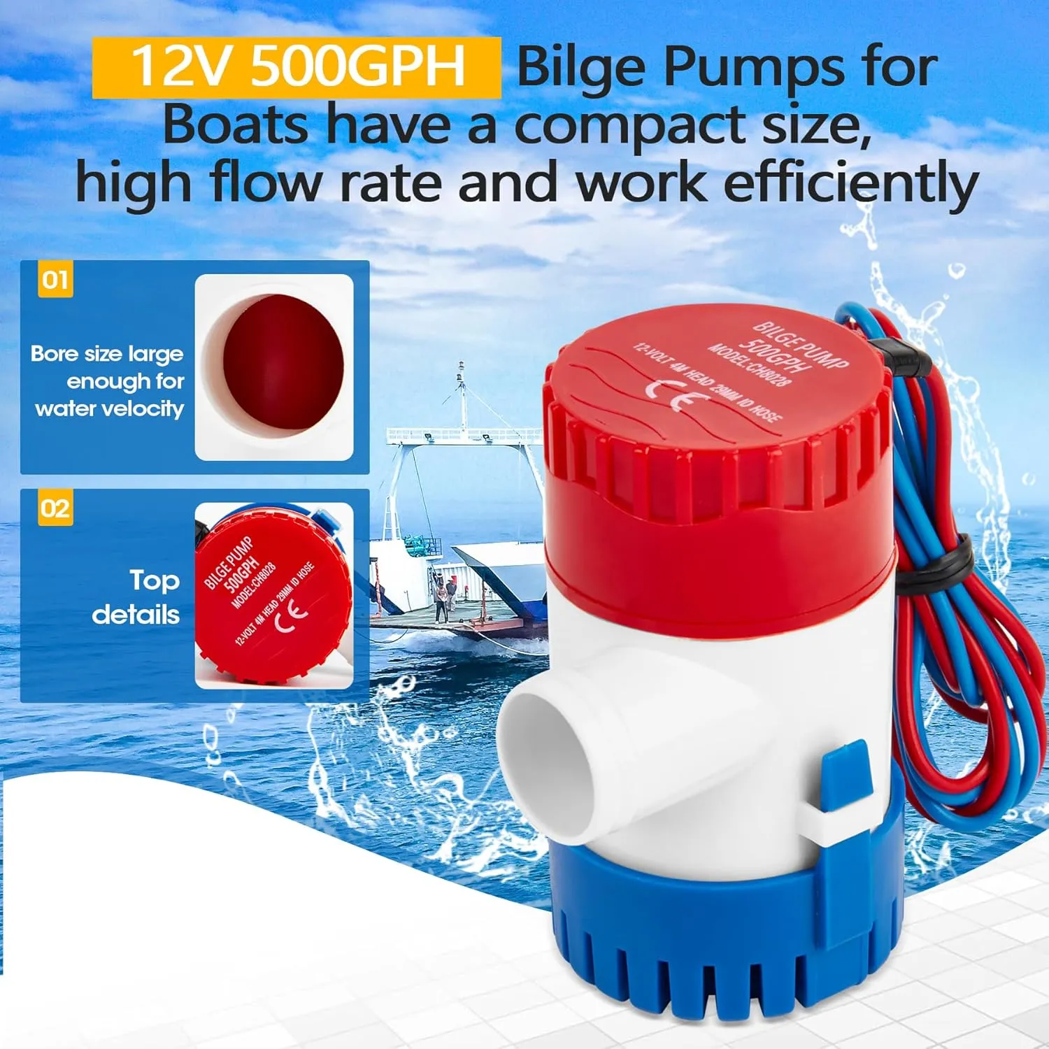 Non-automatic 0.98 Inch Bilge Pump kit for Boats, 12V 500GPH Bilge Pumps with 6 Ft/1.8 Meters Hose, 2 Pcs Stainless Steel Clamps and Thru Hull Fitting, Suitable for Speedboats Yachts