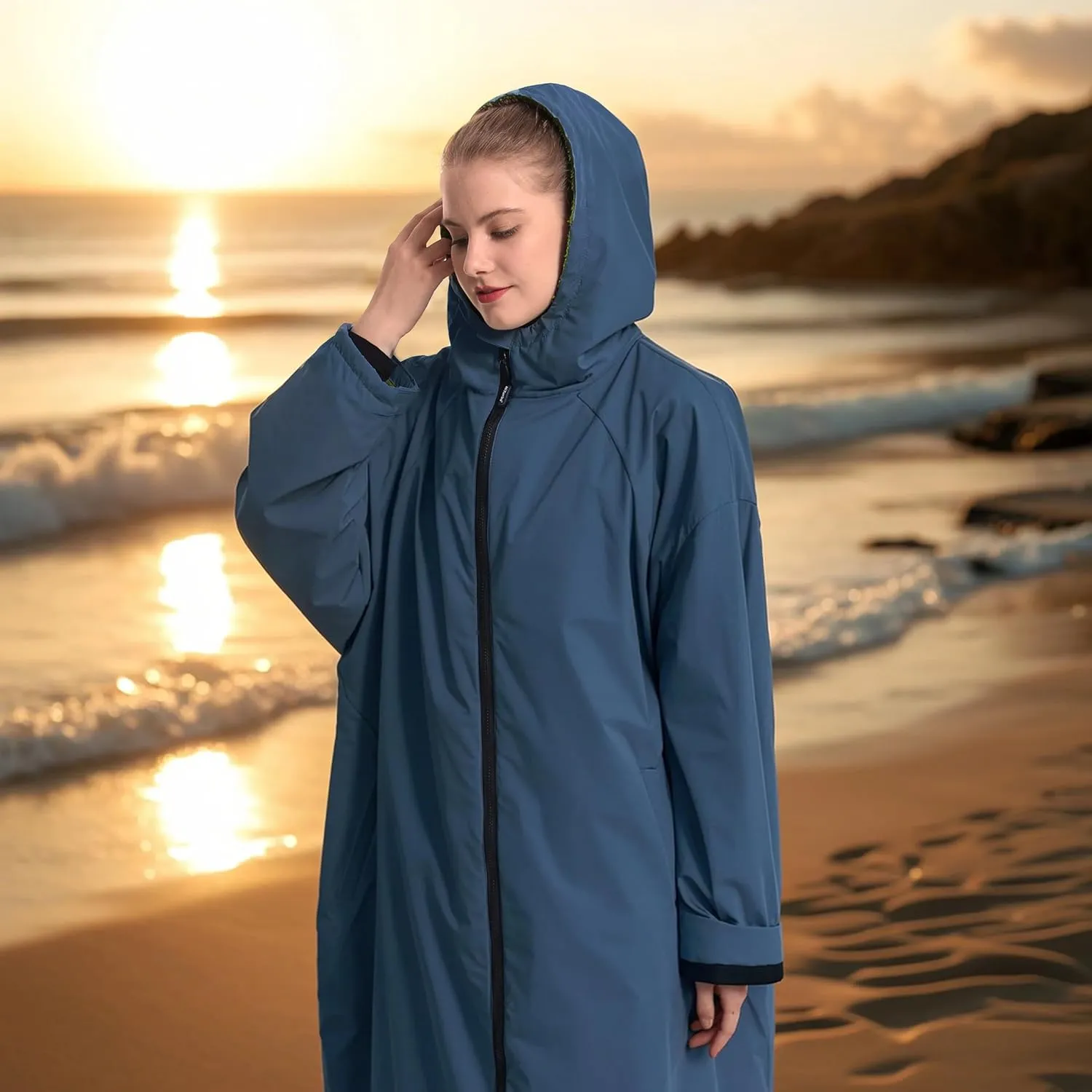 Oksun Waterproof Swim Parka, Windproof Surf Poncho Warm Coat, Recycled Fabric Water Resistent Oversized Sherpa Lining Jacket