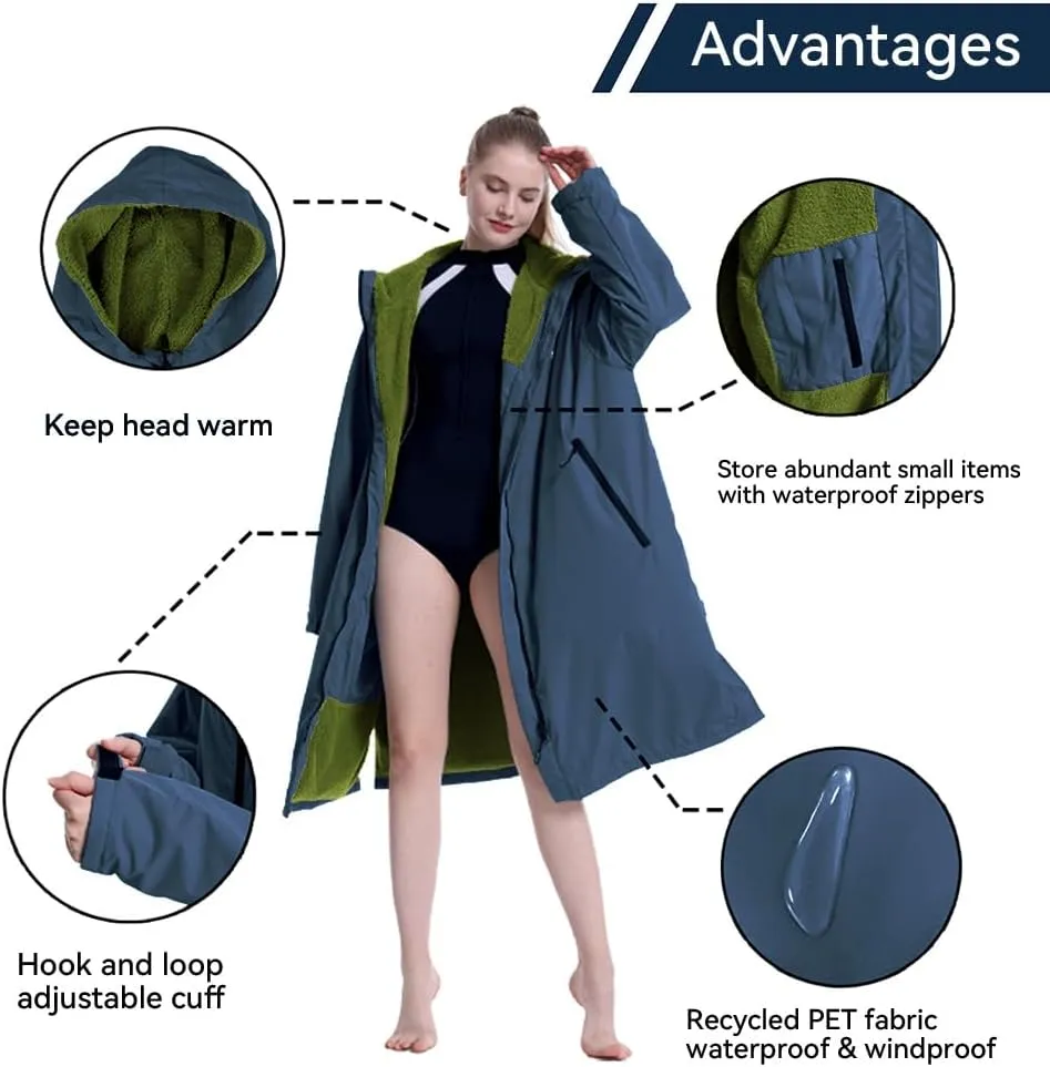 Oksun Waterproof Swim Parka, Windproof Surf Poncho Warm Coat, Recycled Fabric Water Resistent Oversized Sherpa Lining Jacket