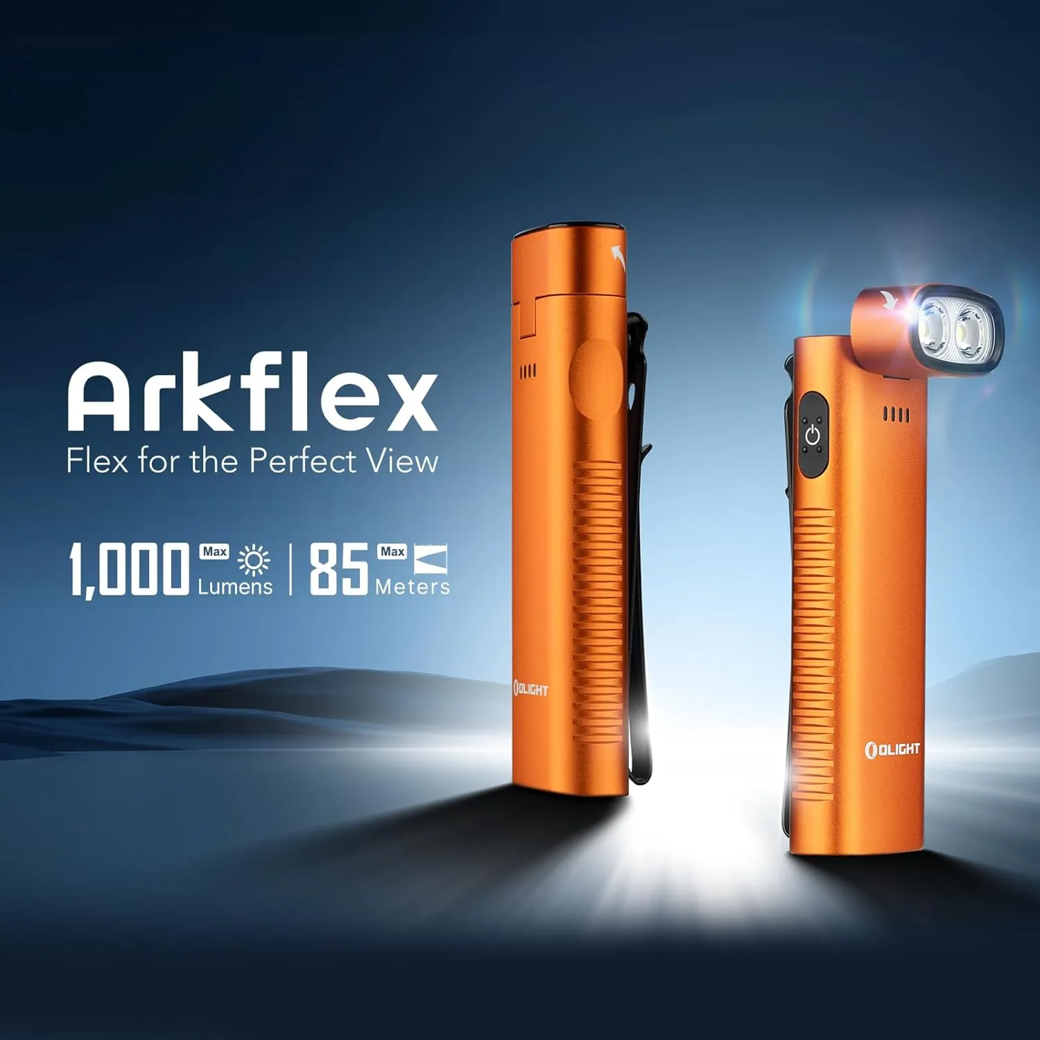 OLIGHT Arkflex Adjustable Right Angle EDC Flashlight, 1000 Lumens Rechargeable Handheld Lights, Two-Way Pocket Clip with an 0-90°Articulating Head for Working Outdoors and Repairing (Orange)