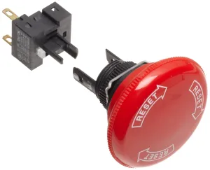 Omron A165E-S-03U Emergency Stop Operation Unit and Switch, Solder Terminal, IP65 Oil-Resistant, 16mm Mounting Aperture, Non-Lighted, Push-Lock Turn-Reset Operation, 30mm Diameter, Triple Pole Single Throw Normally Closed Contacts