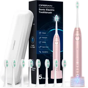 Operan Electric Toothbrush for Adults and Kids Rechargeable Sonic Toothbrush with 5 Modes 2-Min Smart Timer IPX7 Waterproof 40,000 VPM Motor with 8 Brush Heads & Travel Case (Pink, 1Pack)