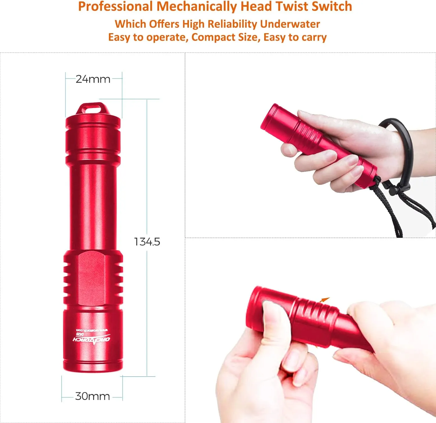 ORCATORCH D520 Scuba Dive Light 1000 Lumens Compact Diving Flashlight IP68 Waterproof Night Dive Torch Submarine Diving Lights with Rotary Switch for Underwater 150 Meters Deep Sea Diving (Red)