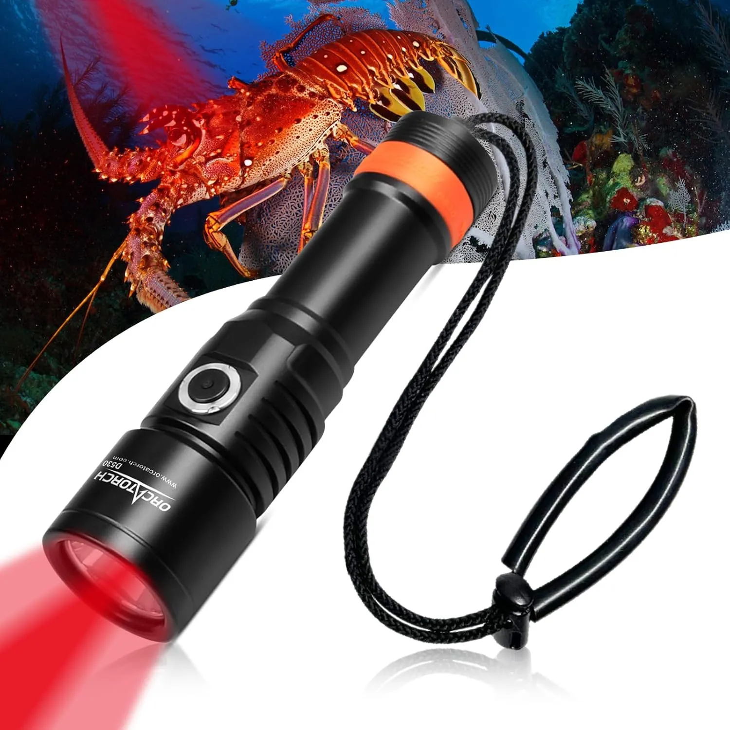 ORCATORCH D530 Red LED Dive Light Scuba Flashlight, 210 Lumens, 6 Degrees Narrow Beam Angle, Titanium Alloy Side Button Switch, 2 Lighting Modes with Battery Indicator for Underwater 150 Meters Diving