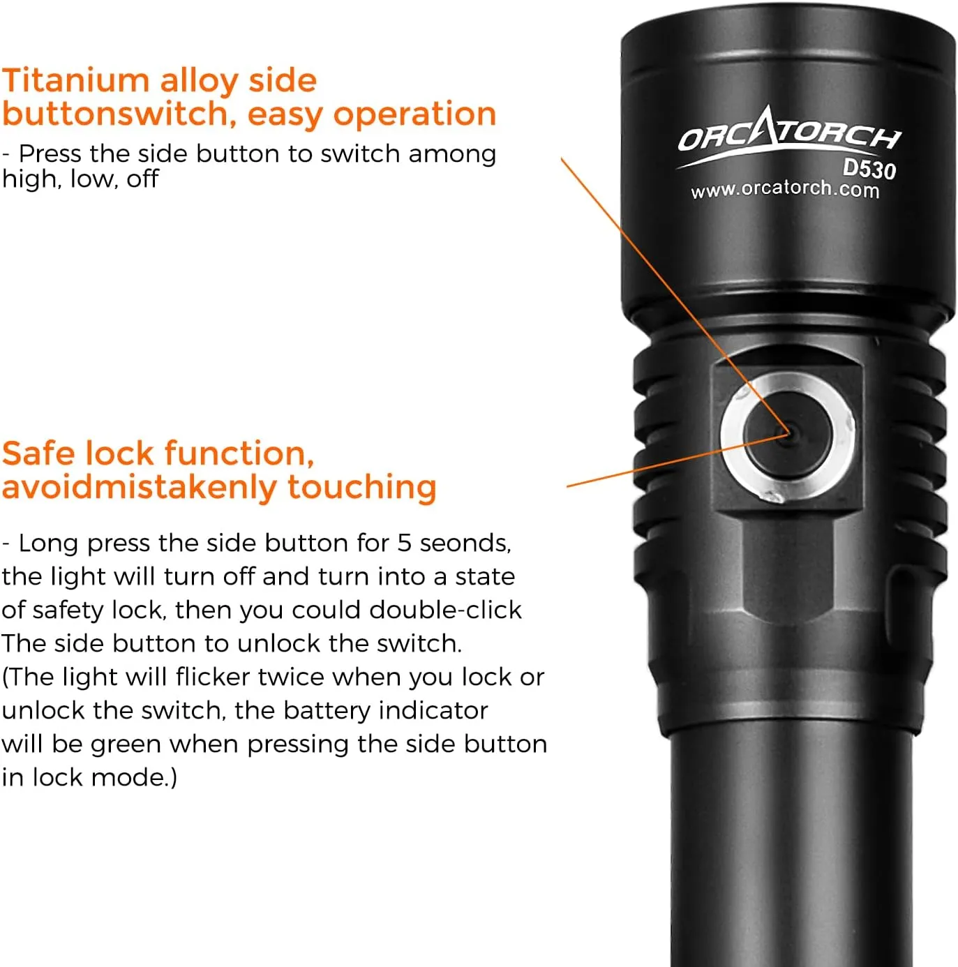 ORCATORCH D530 Red LED Dive Light Scuba Flashlight, 210 Lumens, 6 Degrees Narrow Beam Angle, Titanium Alloy Side Button Switch, 2 Lighting Modes with Battery Indicator for Underwater 150 Meters Diving