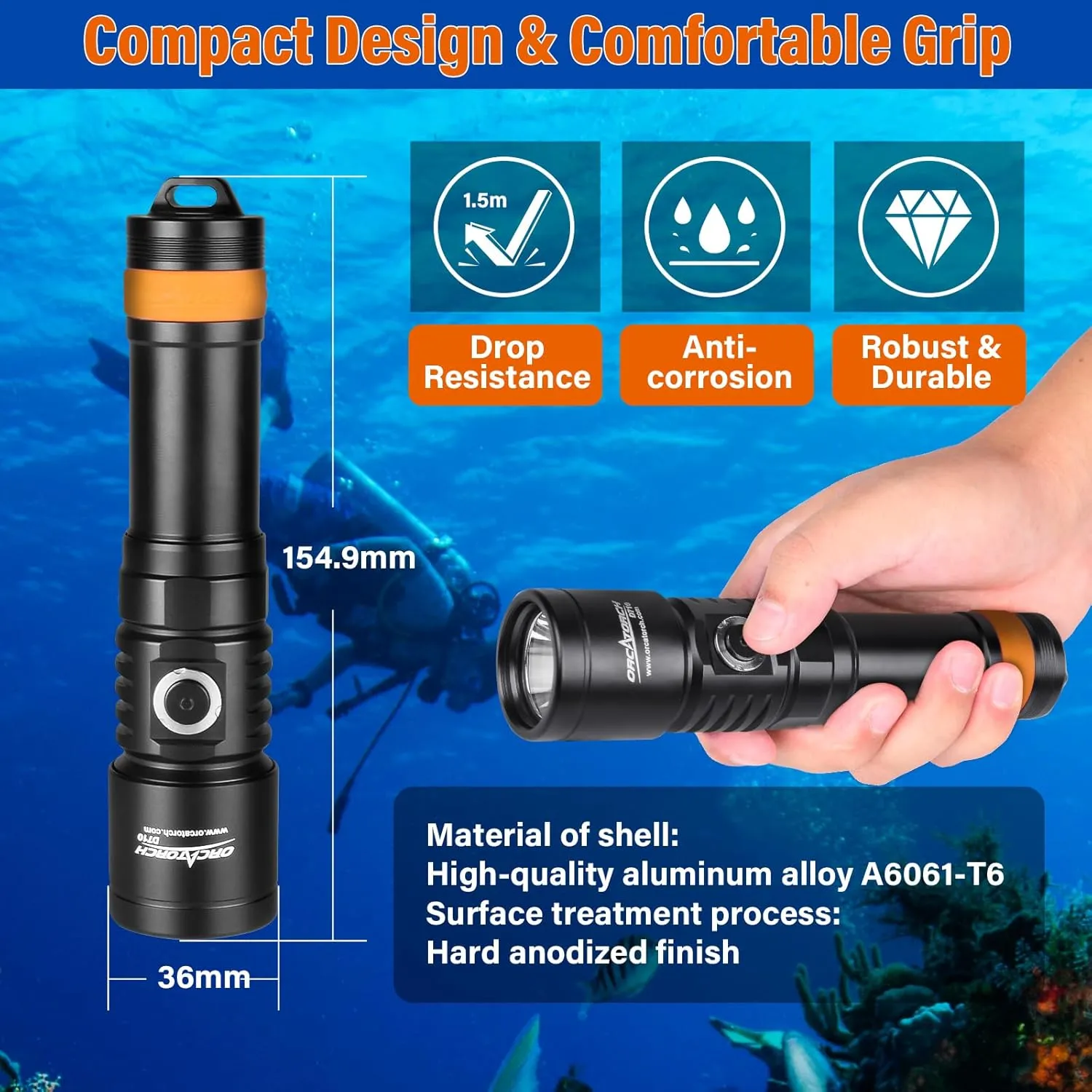 ORCATORCH D710 Scuba Diving Light, 3000 Lumens Super Bright Underwater Flashlight with 6 Degrees Narrow Beam, IP68 Waterproof Night Dive Torch 150 Meters Submersible Light (Black)