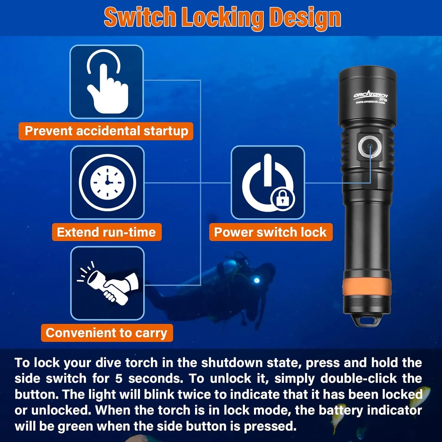 ORCATORCH D710 Scuba Diving Light, 3000 Lumens Super Bright Underwater Flashlight with 6 Degrees Narrow Beam, IP68 Waterproof Night Dive Torch 150 Meters Submersible Light (Black)