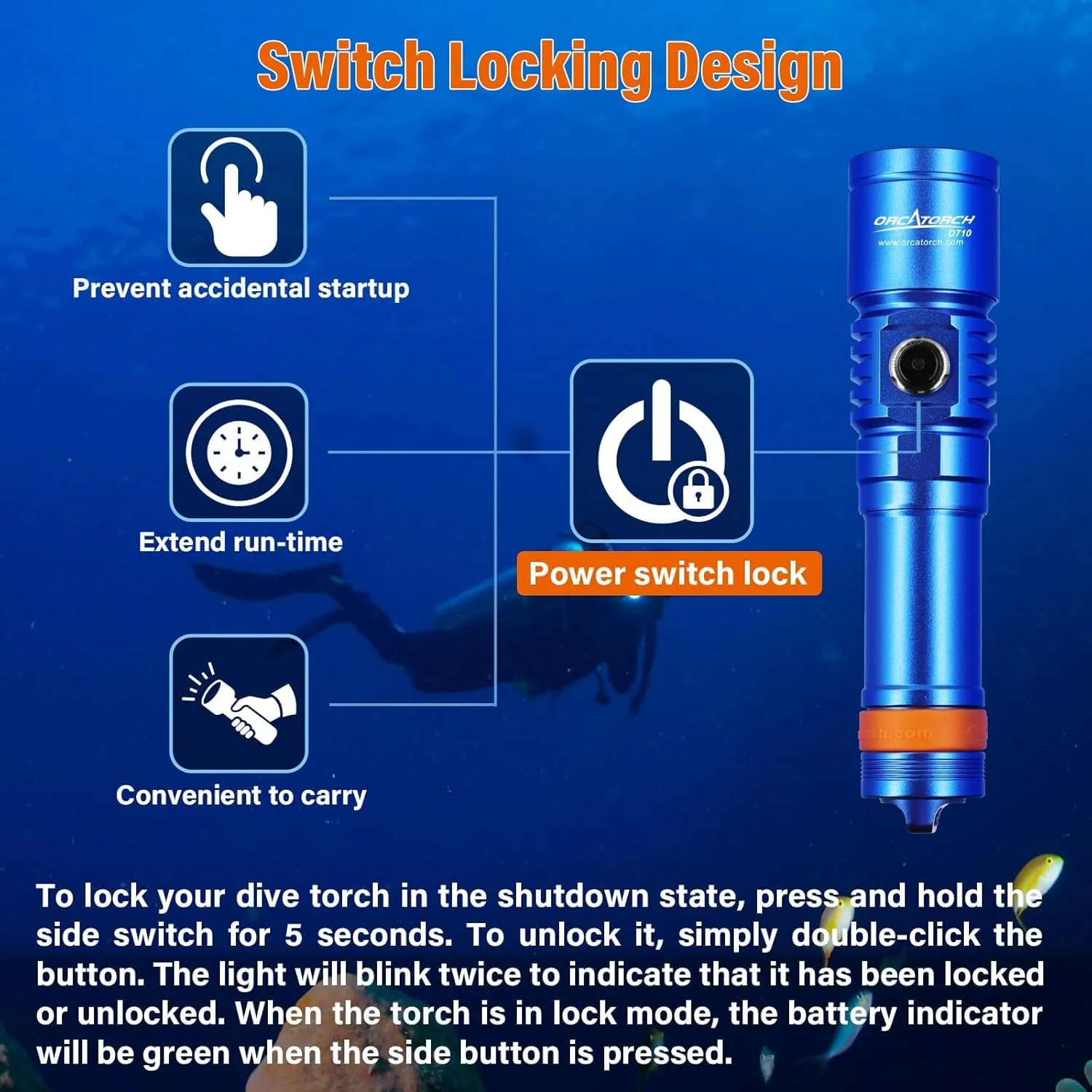 ORCATORCH D710 Scuba Diving Light, 3000 Lumens Super Bright Underwater Flashlight with 6 Degrees Narrow Beam, IP68 Waterproof Night Dive Torch 150 Meters Submersible Light (Blue)