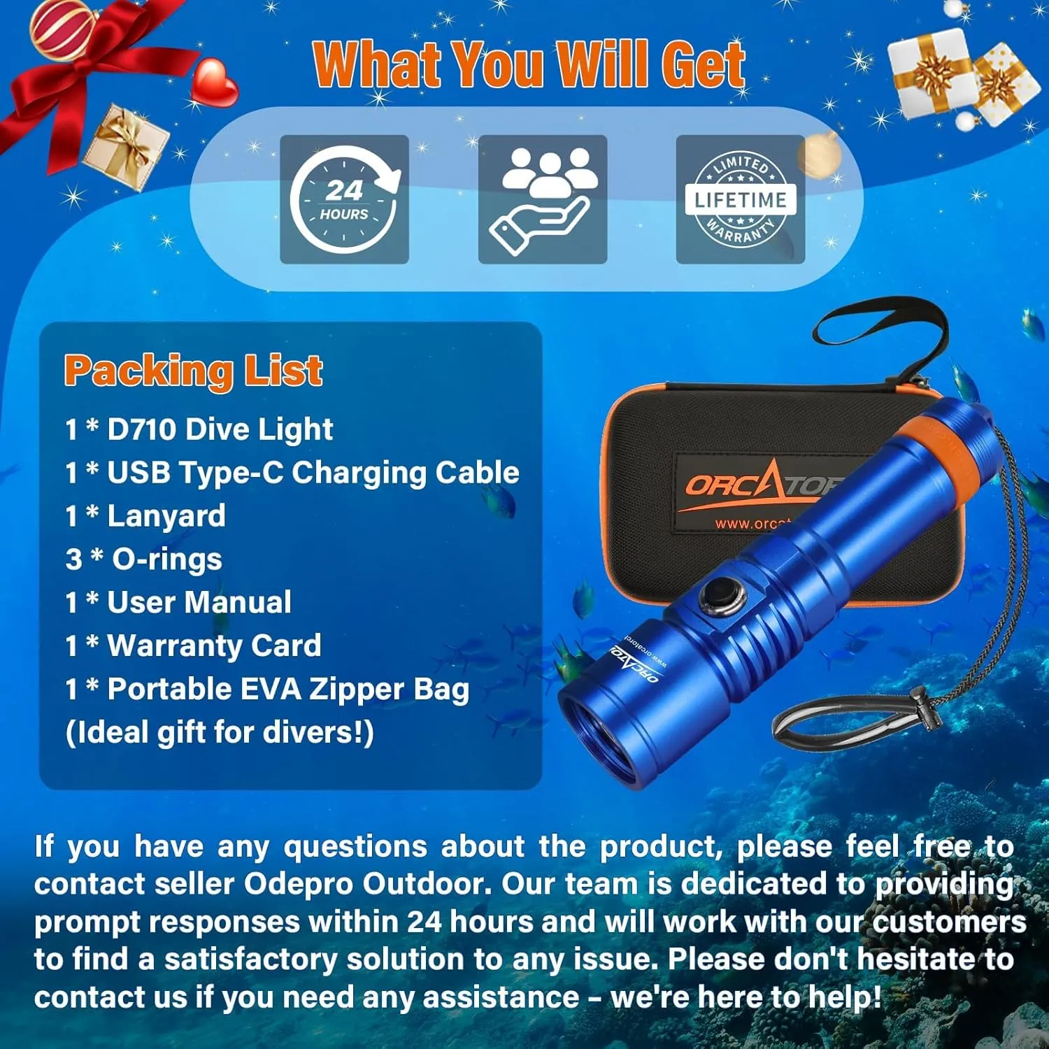 ORCATORCH D710 Scuba Diving Light, 3000 Lumens Super Bright Underwater Flashlight with 6 Degrees Narrow Beam, IP68 Waterproof Night Dive Torch 150 Meters Submersible Light (Blue)