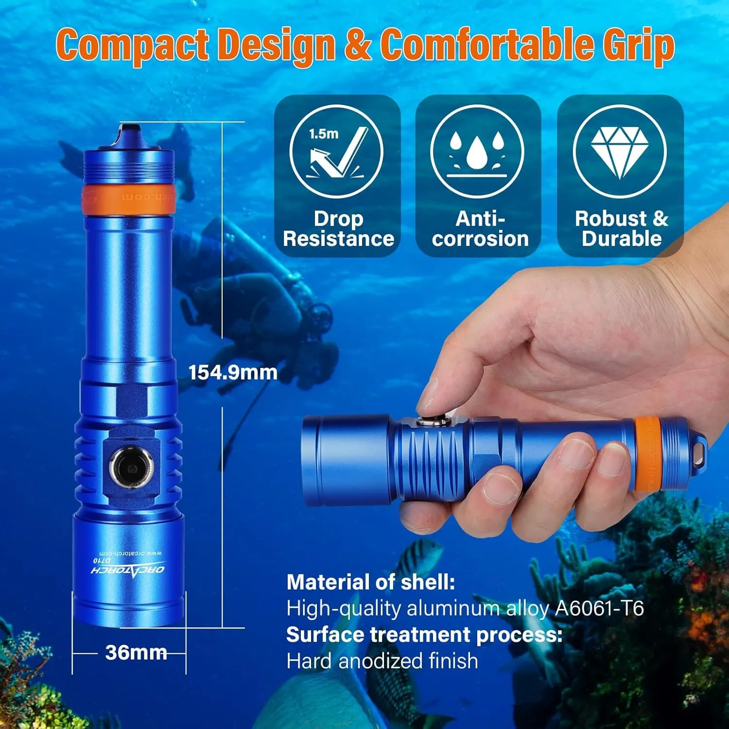 ORCATORCH D710 Scuba Diving Light, 3000 Lumens Super Bright Underwater Flashlight with 6 Degrees Narrow Beam, IP68 Waterproof Night Dive Torch 150 Meters Submersible Light (Blue)