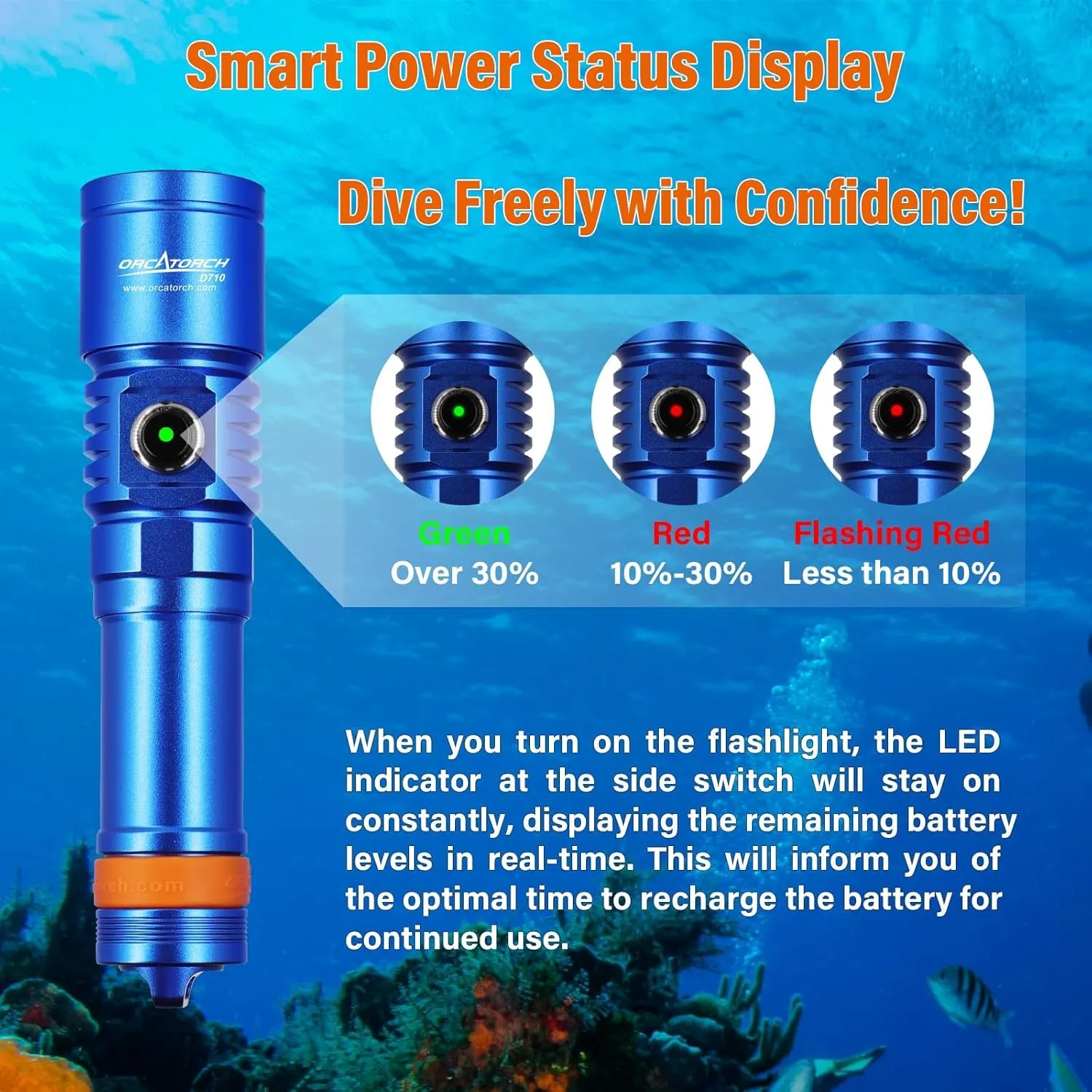 ORCATORCH D710 Scuba Diving Light, 3000 Lumens Super Bright Underwater Flashlight with 6 Degrees Narrow Beam, IP68 Waterproof Night Dive Torch 150 Meters Submersible Light (Blue)
