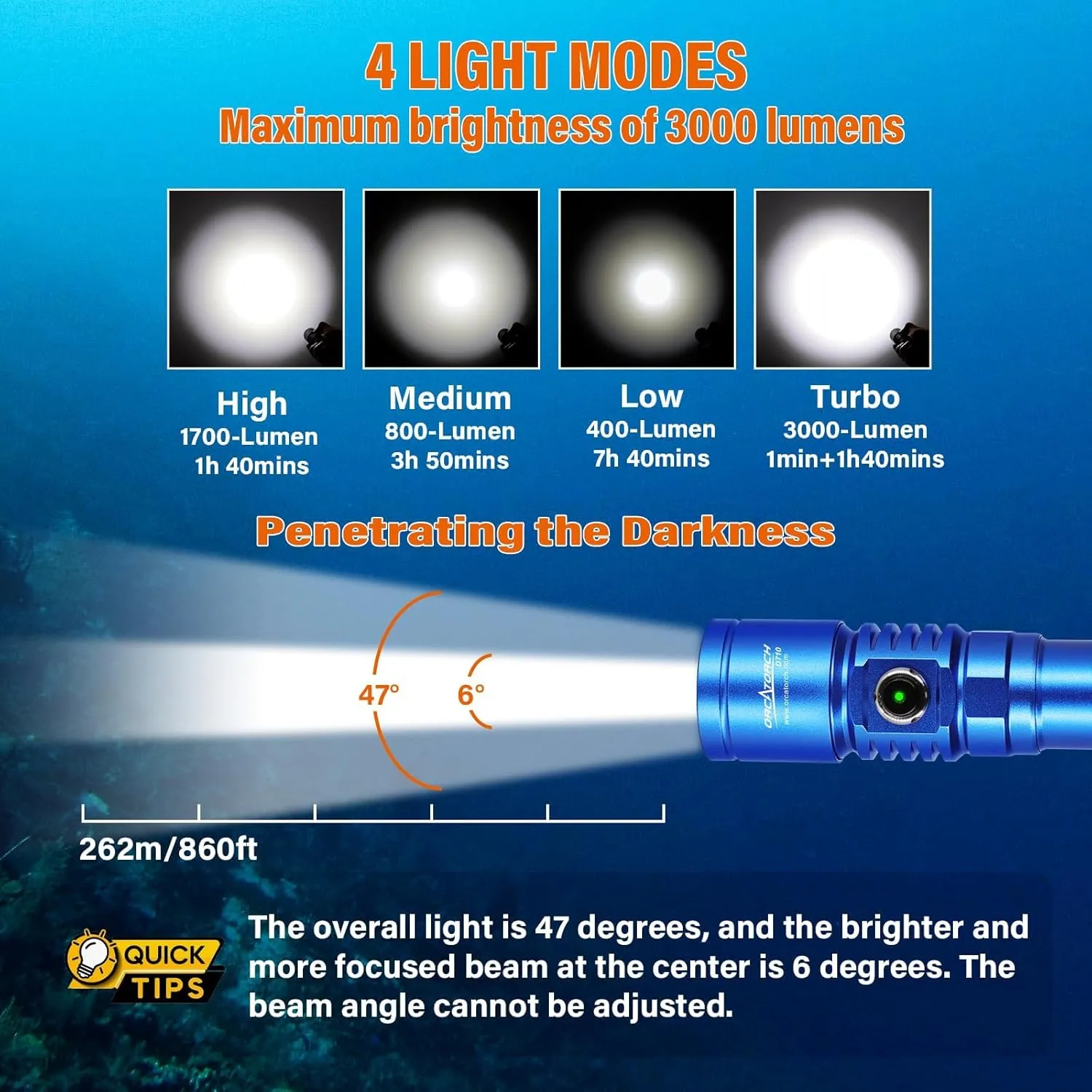 ORCATORCH D710 Scuba Diving Light, 3000 Lumens Super Bright Underwater Flashlight with 6 Degrees Narrow Beam, IP68 Waterproof Night Dive Torch 150 Meters Submersible Light (Blue)