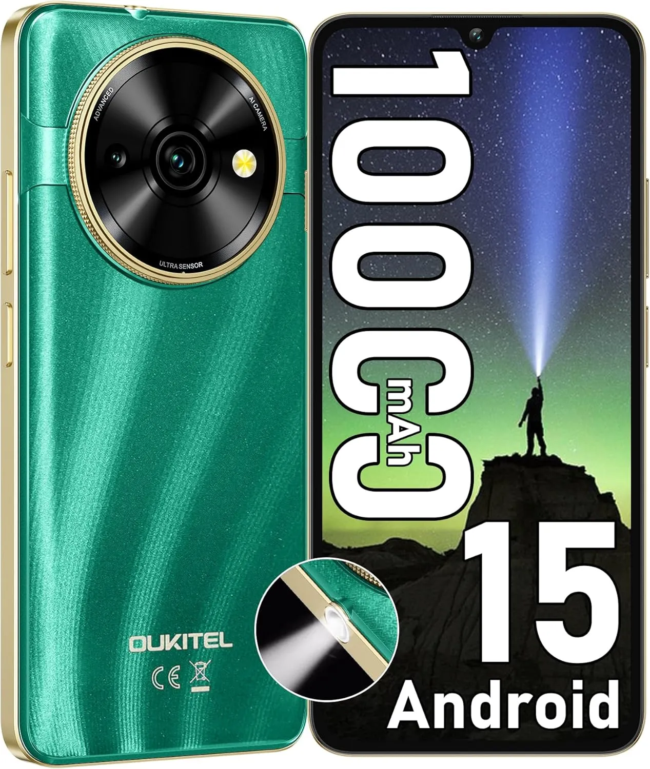 OUKITEL C59 Android 15 Cell Phone Unlocked 2025-10000mAh Battery, 6.88'' Display, 16GB  128GB/TF 1TB Smartphone, 120LM Flashlight, 13MP Camera, 4G Dual SIM Mobile Phones, GPS/OTG/T-Mobile, Green