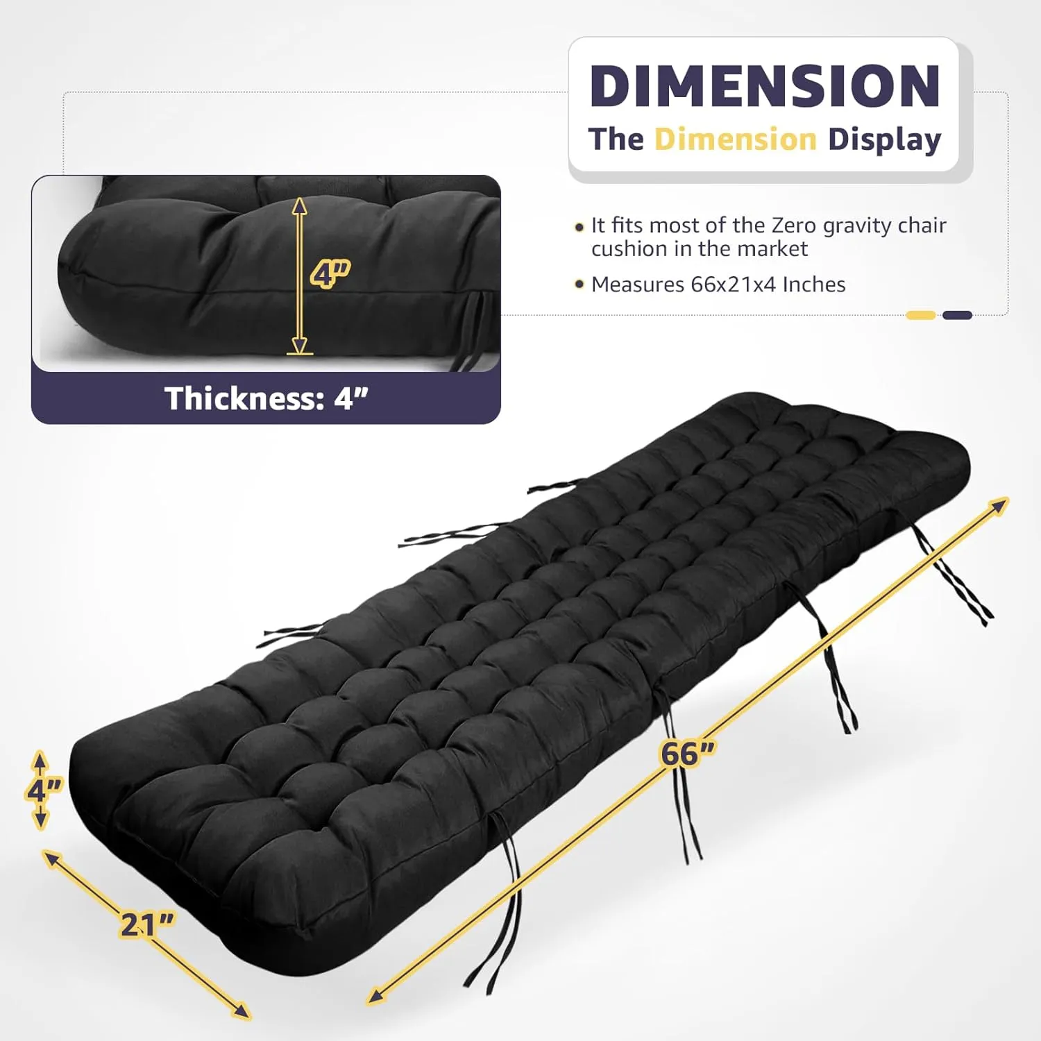 Outdoor Chaise Lounge Cushions, Waterproof Lounge Chair Cushion, Thickened 66 x 21 x 4 Inch Zero Gravity Chair Cushion for Outdoor Indoor Furniture, Home and Office, Black