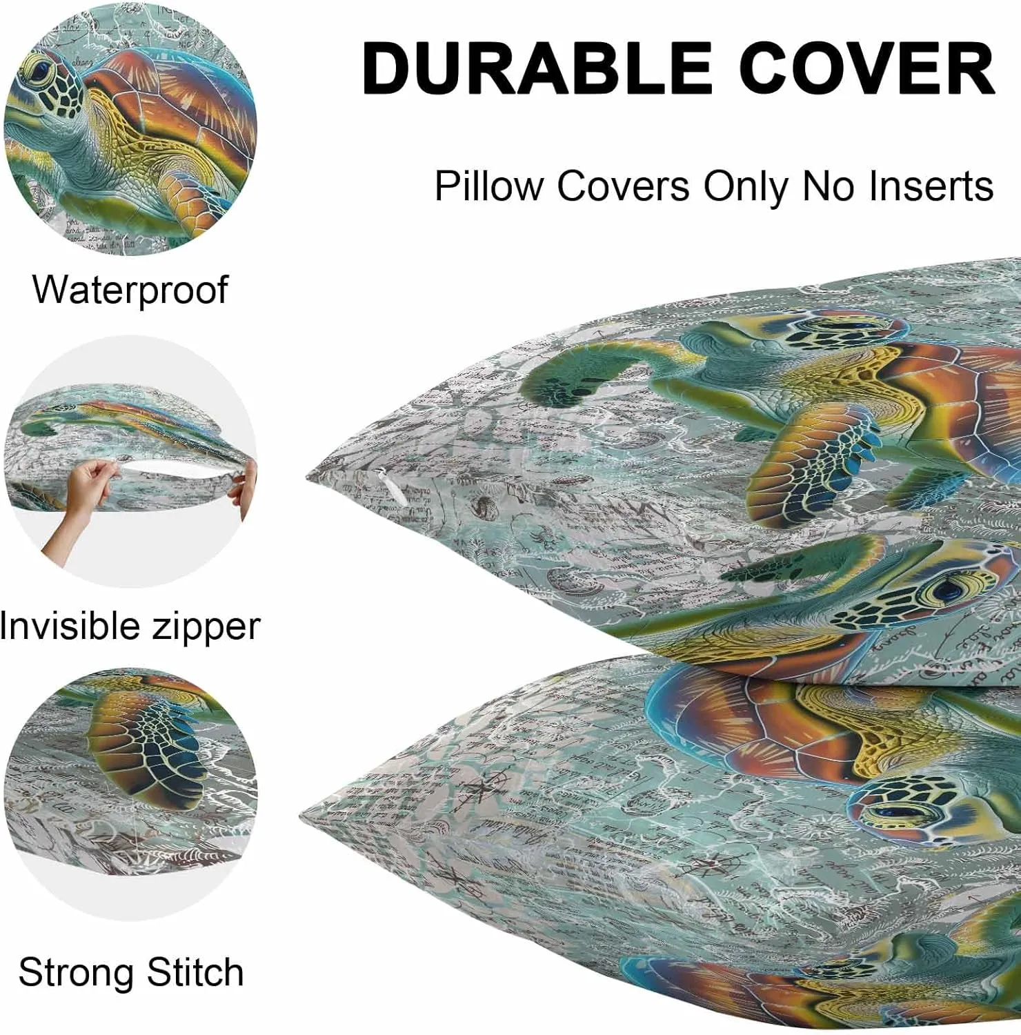 Outdoor Pillow Covers Pack of 2, Ocean Sea Turtle Nautical Map Waterproof Throw Pillowcase Cushion Cases, Underwater Marine Life Decorative Pillow Cover for Couch Sofa Home Bed Patio